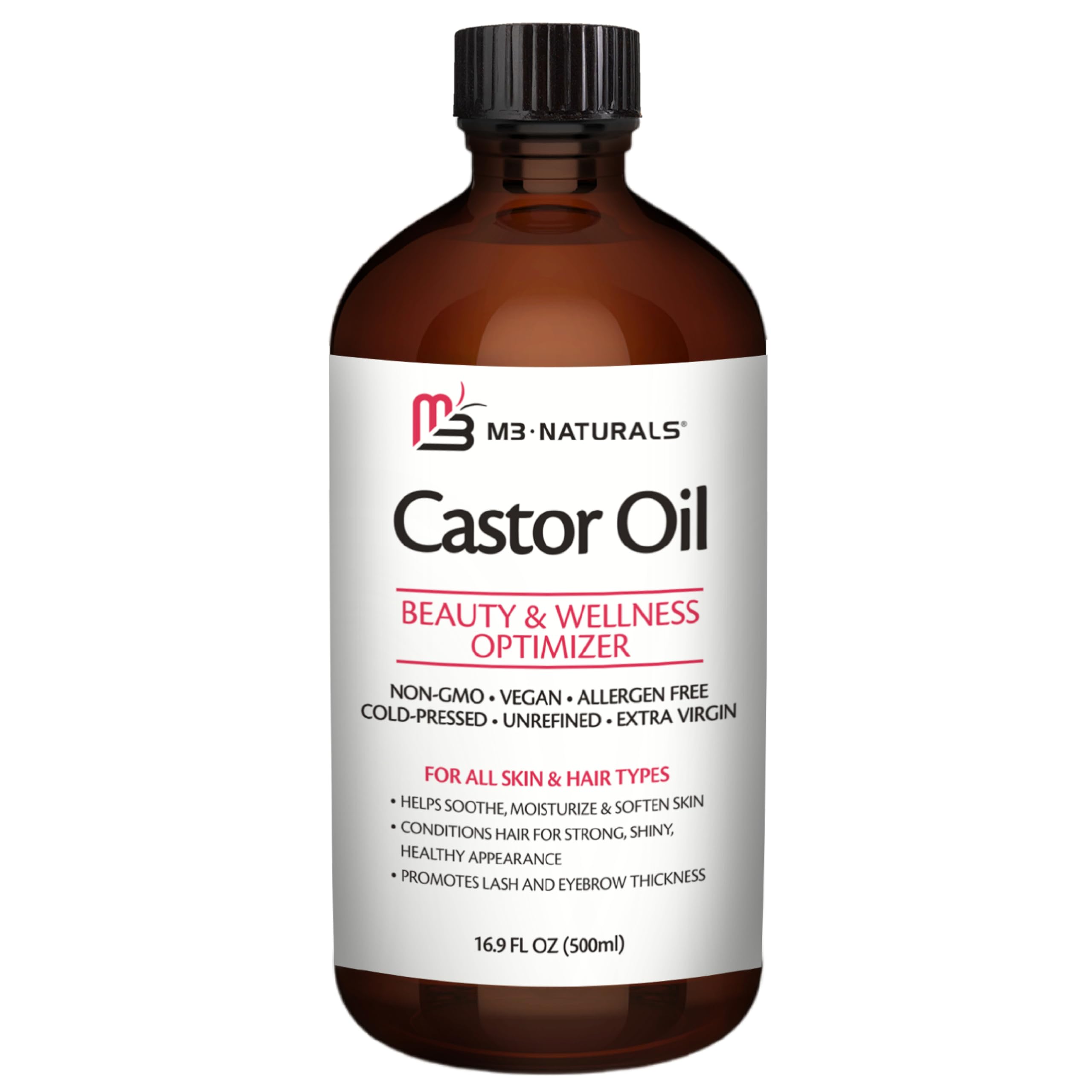 100% Pure Organic Castor Oil for Hair, Lash and Eyebrow Growth, Lymphatic Drainage, Stomach Discomfort and Skin Hydration | Hexane-Free, Cold Pressed and Unrefined in a 16.9 fl oz (500ml) Glass Bottle