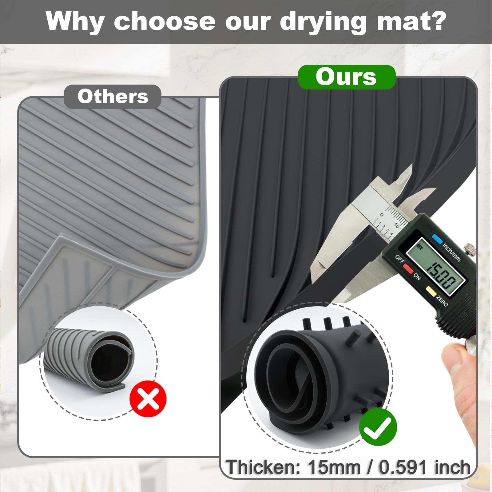 Large 18.9"x13.58" Silicone Dish Drying Mat Draining Board Mats Sink Drainer Mat Drying Coaster Collapsible Non-Slip No-Spill 446°F Heat Resistant for Kitchen Counter Countertops Worktop Saver (Black) - Image 3