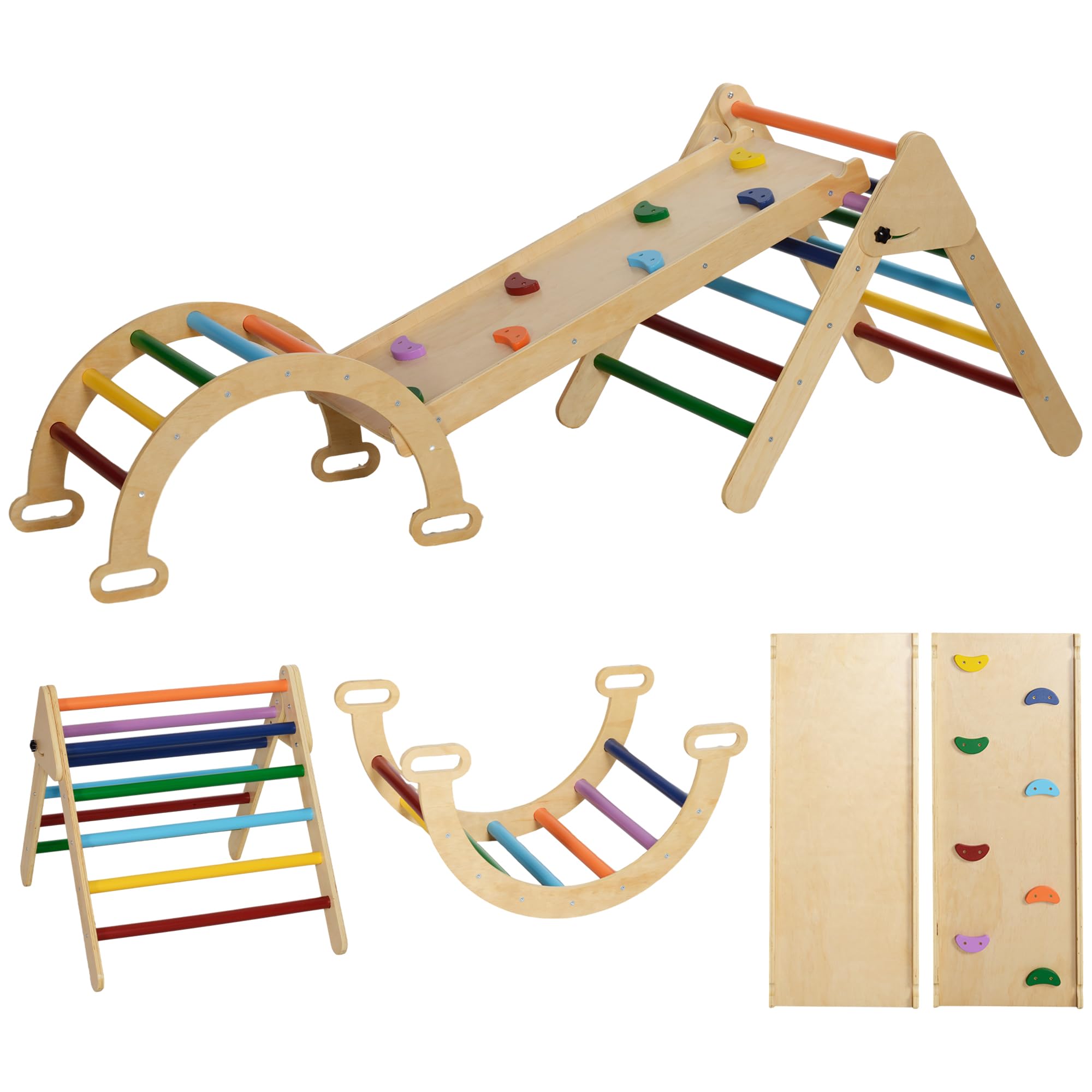 AIYAPLAY Gioco da Arrampicata 5 in 1 per 18-48 Mesi 178x64.5cm Multicolore | Gioco per Bambini, Pino Massello, Triangolo, Arco Montessori, Rampa con Pietre, Carico Massimo 50 kg