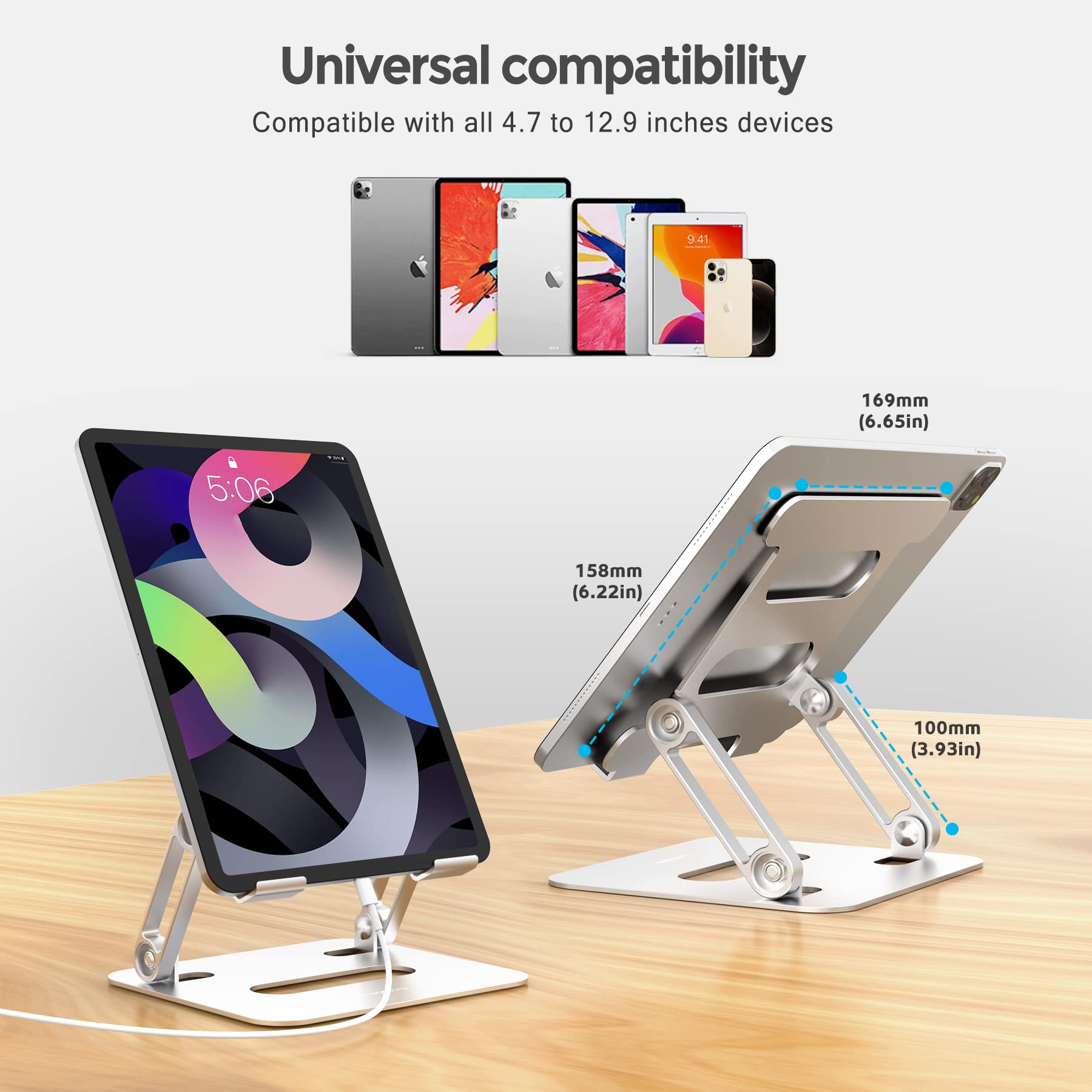 Support de Tablette pour Bureau, réglable et Pliable, en Aluminium, Compatible avec Les iPad Pro 9.7, 10.5, 13 Air Mini 4 3 2, Kindle, Nexus, Galaxy, E-Reader (4-13") – Argent (Blanc argenté)