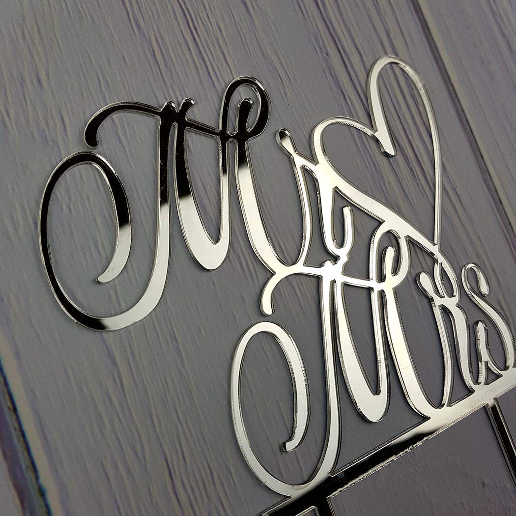 Tortenaufsatz "Mr and Mrs", Brautpaar Schild, Hochzeit, Verlobung, Kuchendekoration, Spiegel-Silber-Acryl