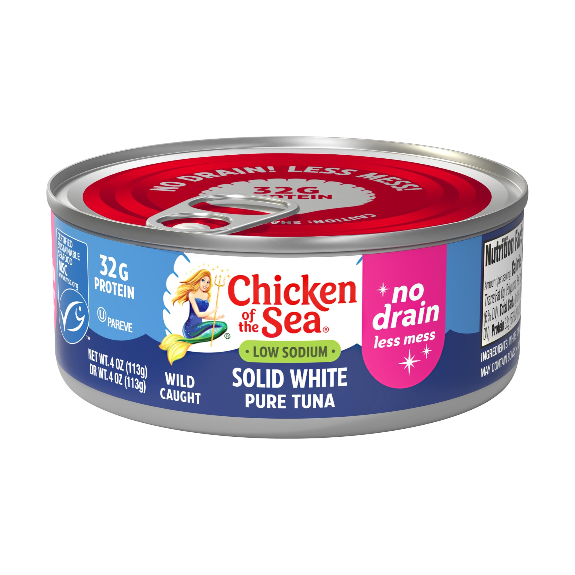 Chicken of the Sea Solid White Pure Albacore MSC Tuna, 4 oz. Cans (Pack of 24), Wild Caught Tuna, No Drain, Low Sodium