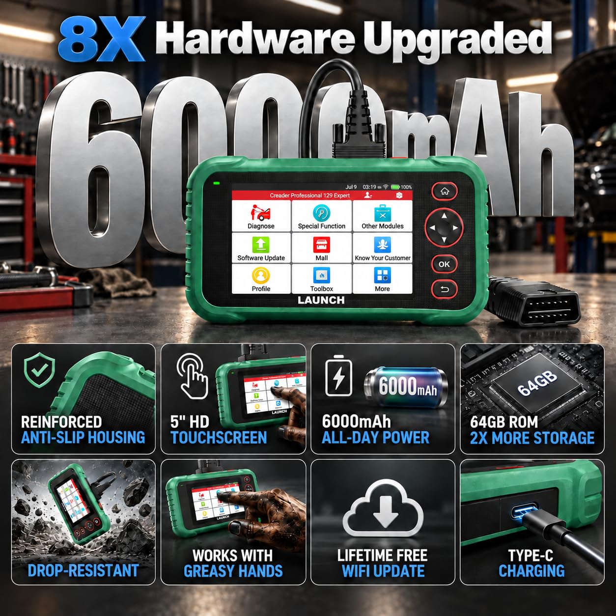LAUNCH CRP129 Expert OBD2 Scanner, strumento diagnostico con 13 servizi di reset, lettore di codici motore di trasmissione ABS SRS, CAN FD e DoIP, FCA AutoAuth SGW, Auto VIN, 64 GB ROM 6000 mAh
