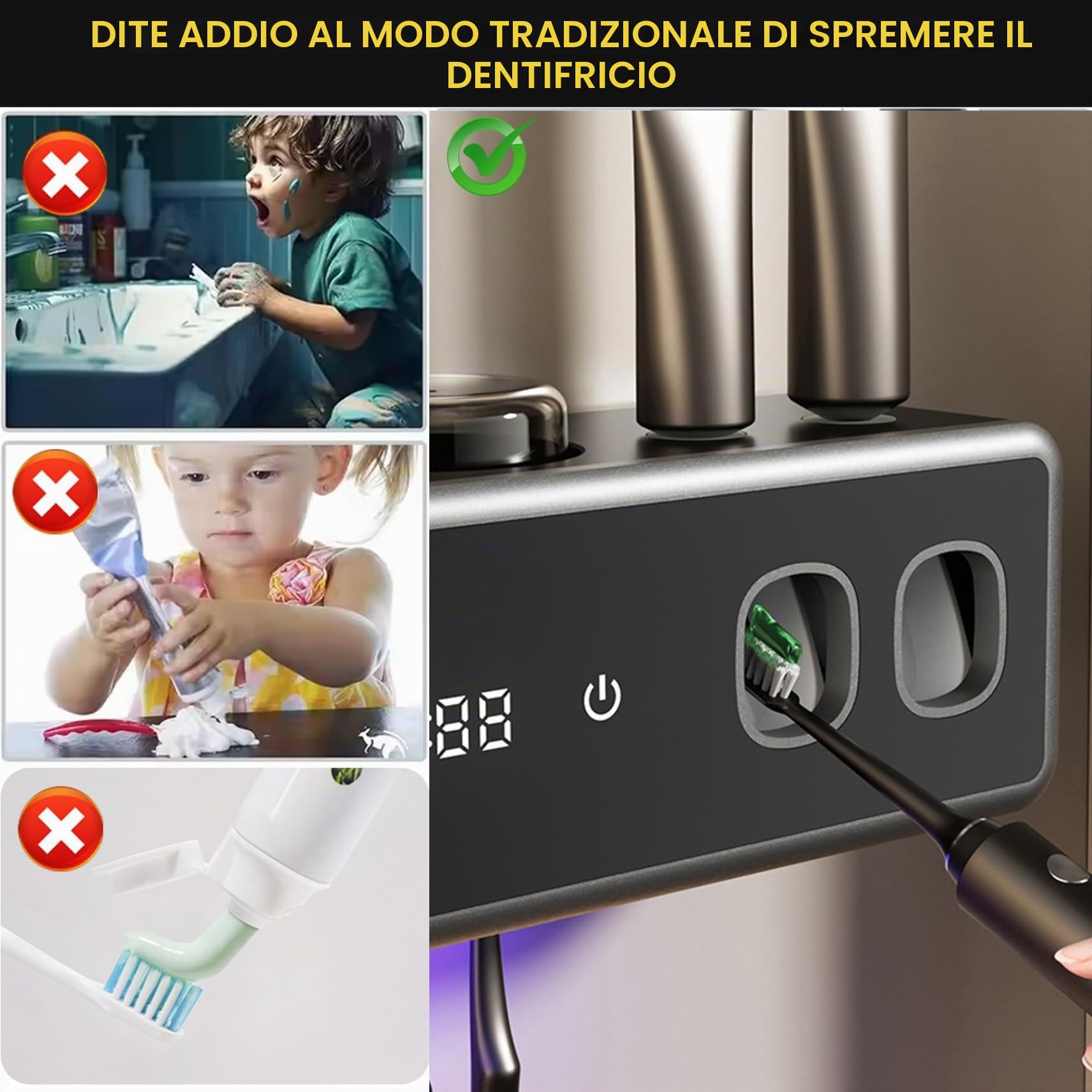 Portaspazzolino intelligente con sterilizzazione UV, dispenser automatico di dentifricio e funzione di asciugatura, montaggio a parete (bianco)