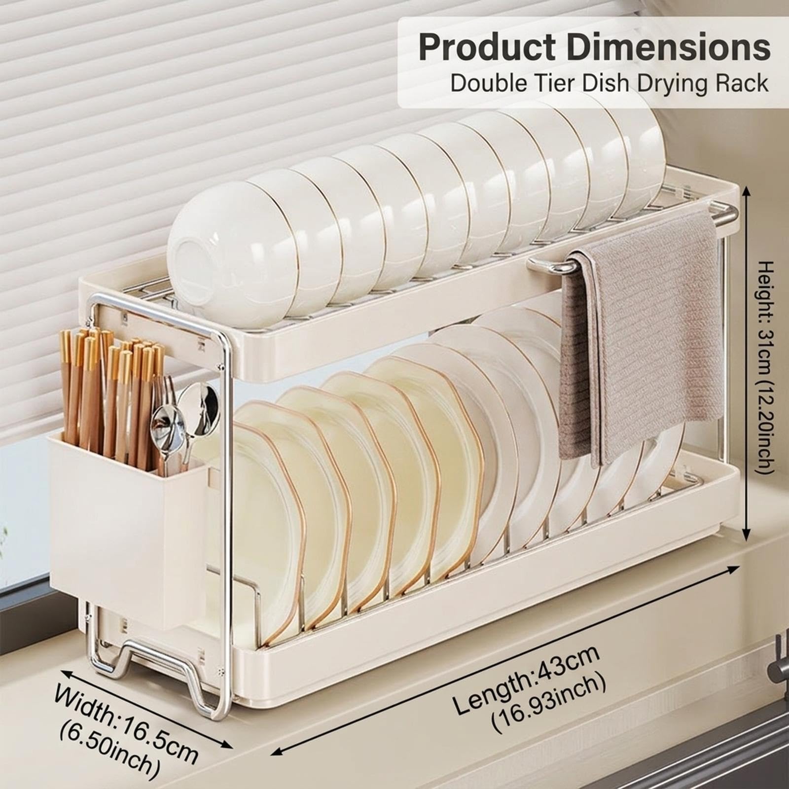 Escurridor de Platos de 2 Niveles para Encimera de Cocina con Bandeja | Acero Inoxidable, Diseño de 2 Niveles, Bandeja de Goteo, Organizador Compacto(37cm/14.5in)