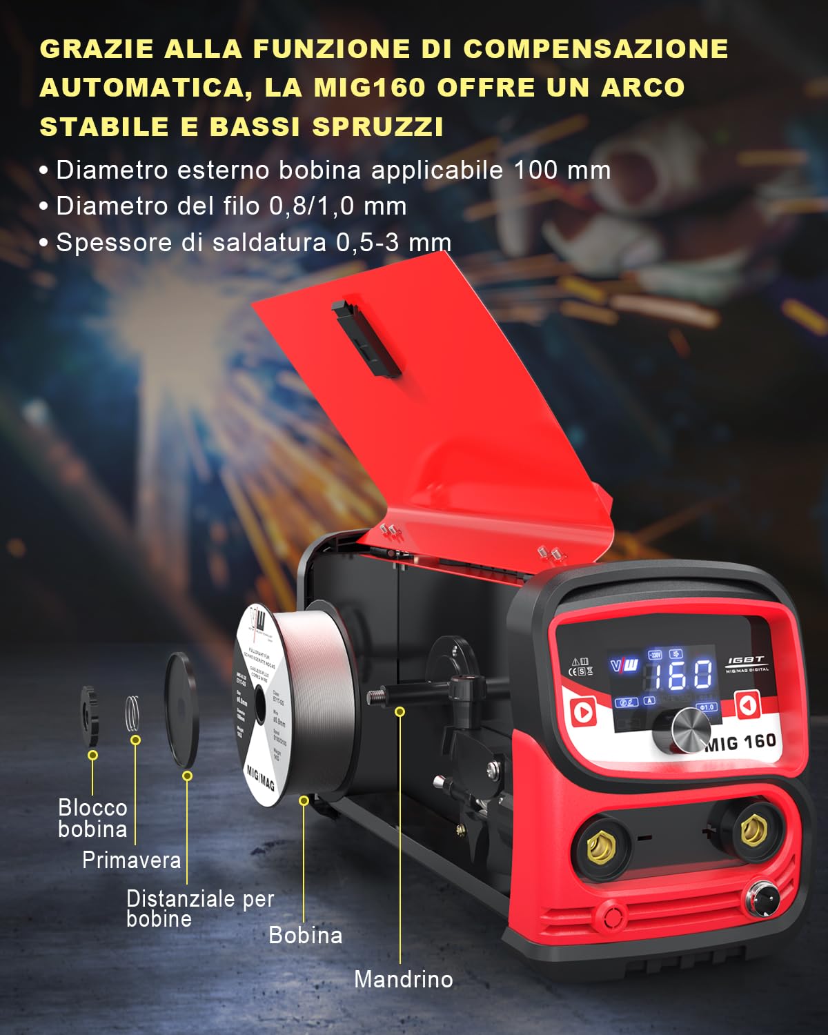 MIG160 Saldatrice a Filo Continuo Senza Gas 160A Sinergia Elettrodo Saldatrice 2 In 1 MIG/ARC, IGBT Inverter Saldatore con Filo Animato 1,0 mm e Maschera Auto-Oscurante - VECTOR WELDING