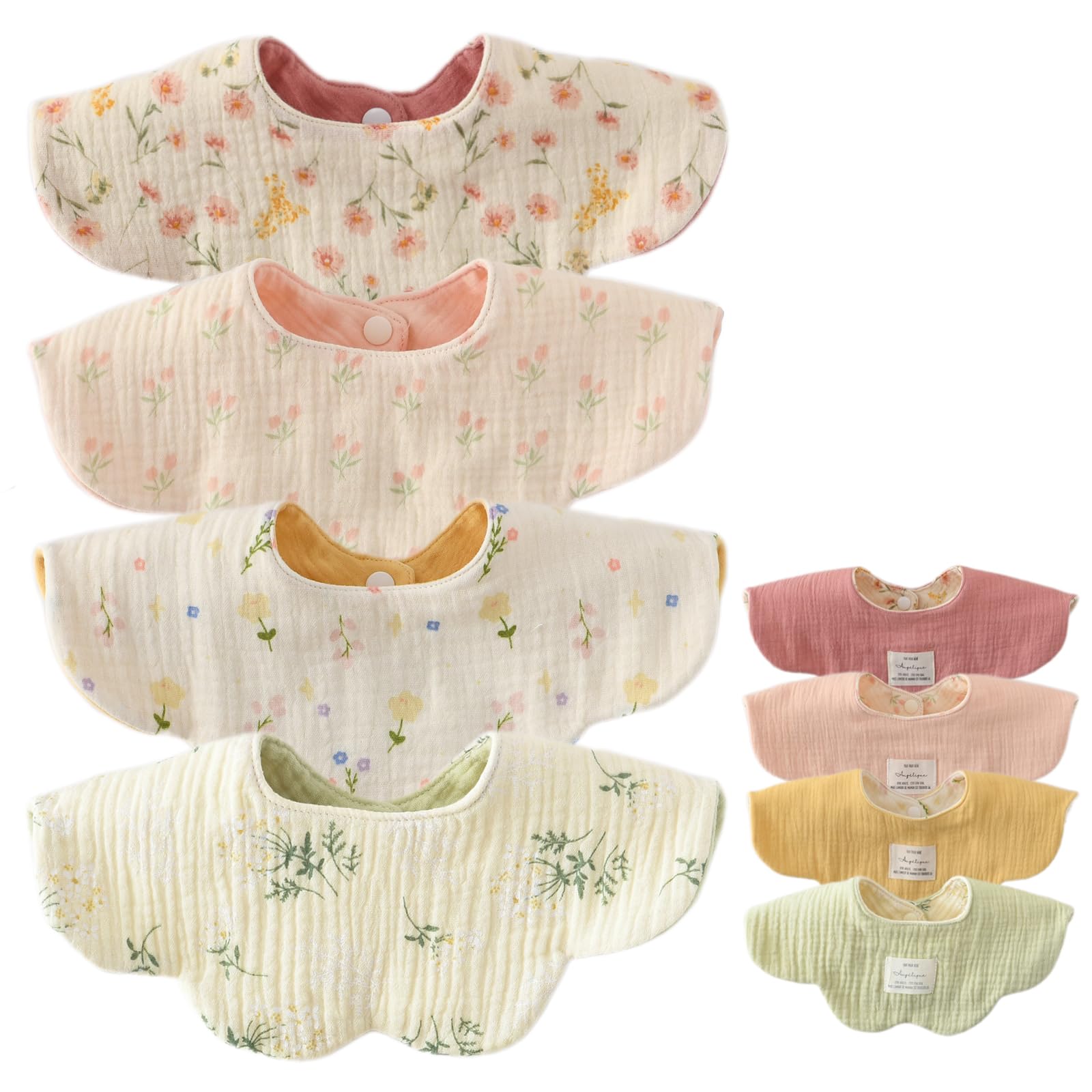 [GoUseGo] ベビー スタイ 4枚セット 両面使える 6重ガーゼ 赤ちゃん 360度スタイ 花びら 女の子 男の子 よだれかけ おしゃれ 新生児 無地 お食事スタイ ベビーギフト 出産祝い - 1