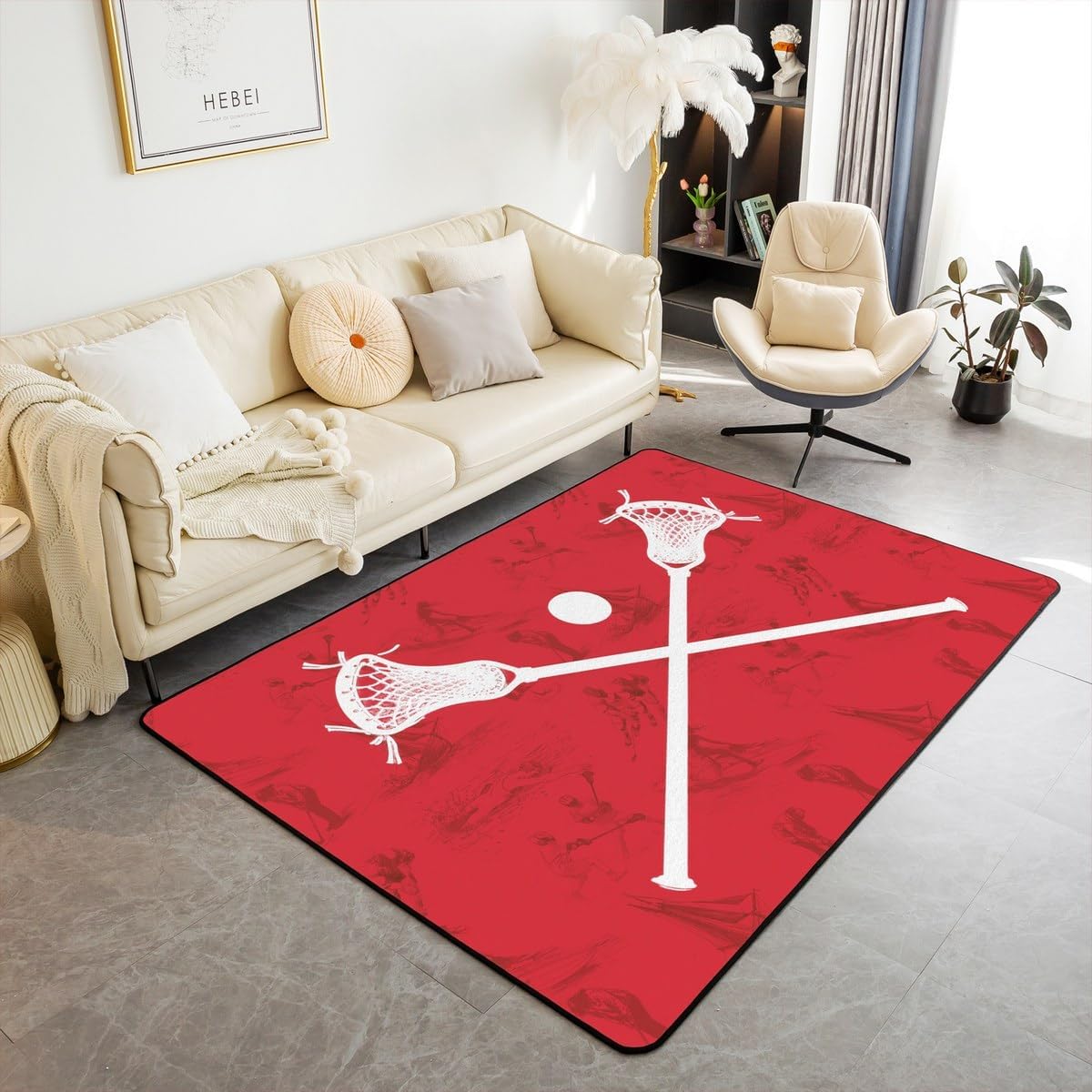 Lacrosse Sticks Ball Area Rug 5X6'6'',Kids Ball Game Lover Sport Theme Indoor Floor Mat for Playroom Bedside Sofa Bedroom,Athletes Pattern Red Print Non Slip Decorative Rug for Living Room Decor