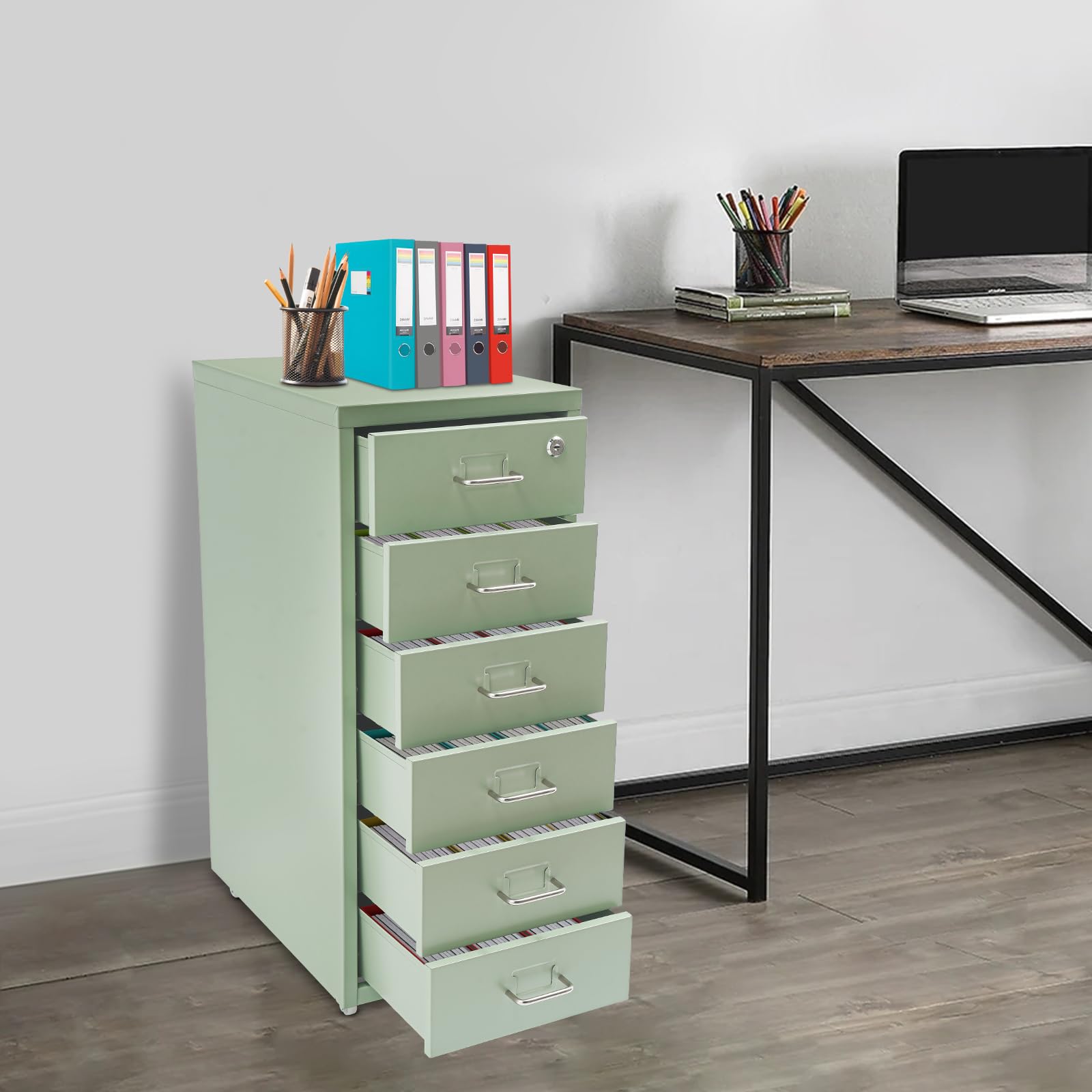 Aktenschrank, Rollcontainer mit 6 Stock Schubladen, Metallschrank Aktenschrank Abschließbar, Büroschrank mit Rädern, Storage Cabinet für Büro, Home, 28 x 41 x 69 cm (Grün)