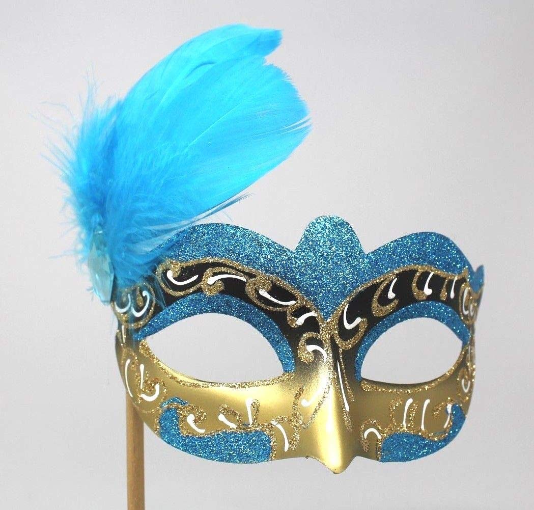 LADIES TURQUOISE WHITE & GOLD VENETIAN MASQUERADE HALLOWEEN CARNIVAL PARTY EYE BALL FEATHER MASK ON A STICK