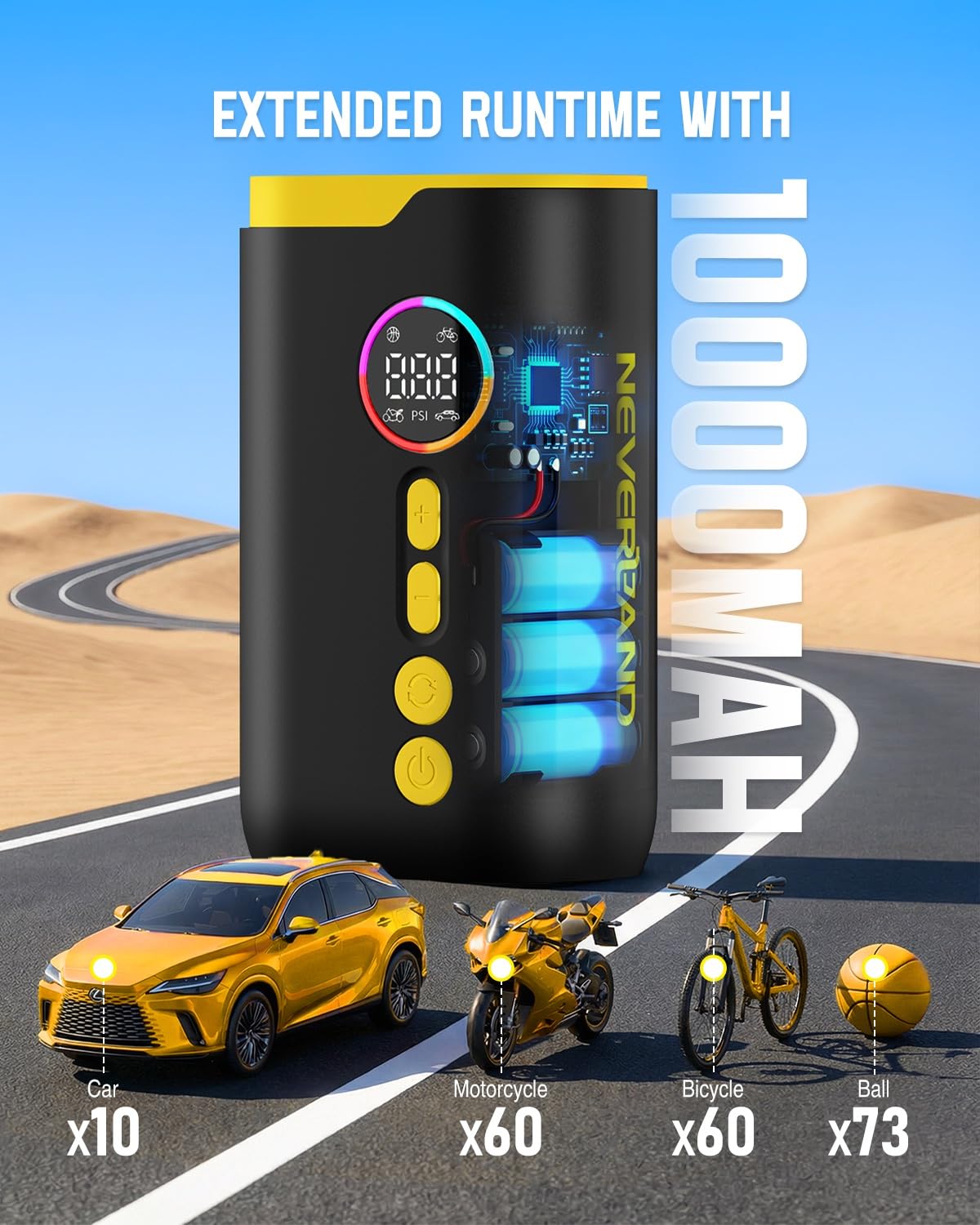 NEVERLAND Gonfleur Pneus Voiture,10,3 bars/150 PSI, Gonfleur Electrique pour Voiture, Moto, Vélo, Ballon, Arrêt Automatique, Cadenas en U