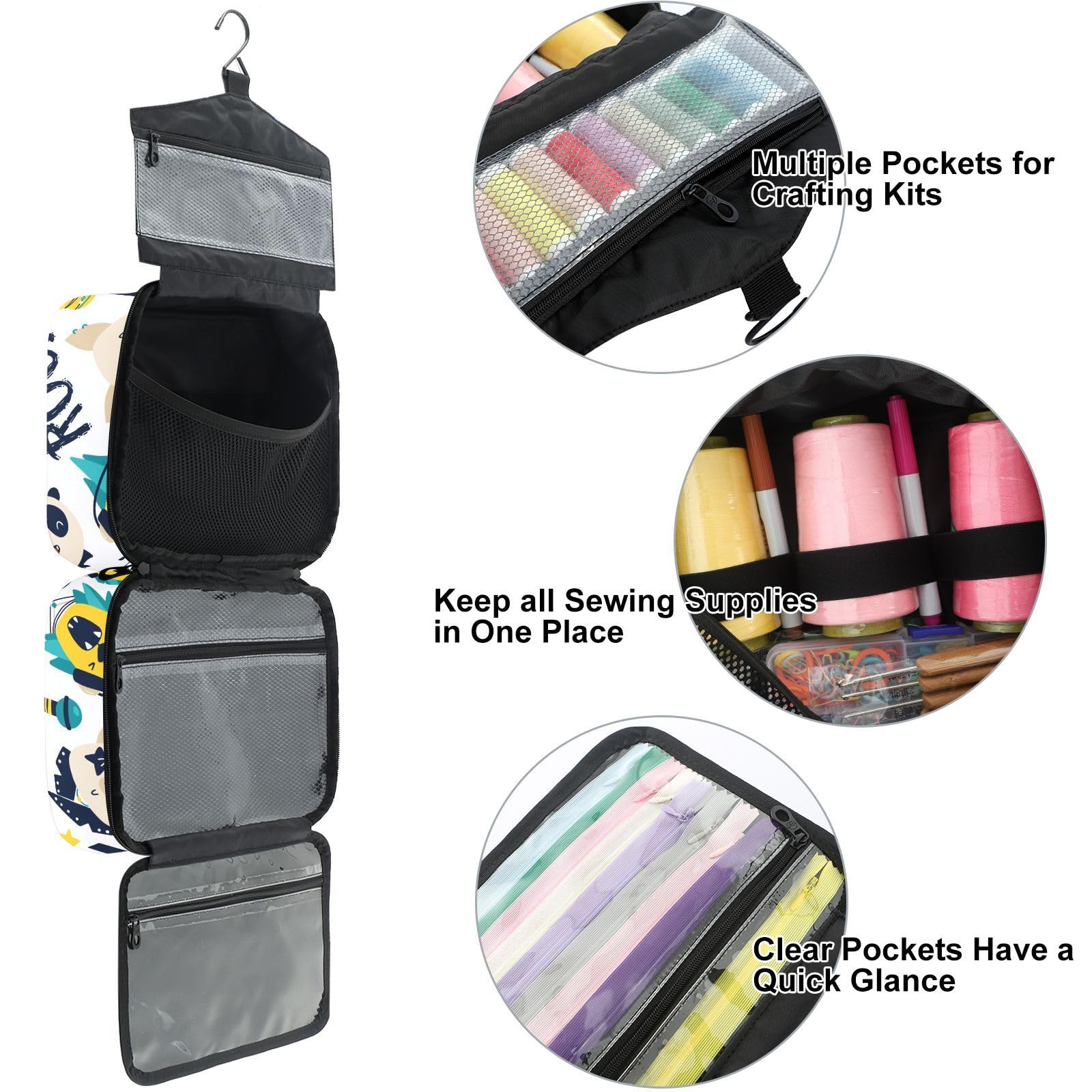 YNNALE Sewing Supply Organizer Bag, Rock Star Animal Funny Rock&roll Pig Horse Dogs Cute Animal Portable Sewing Bags with Pockets&Hanger, Sewing Storage Box Case for Sew Supplies/Kit/Tools/Accessories