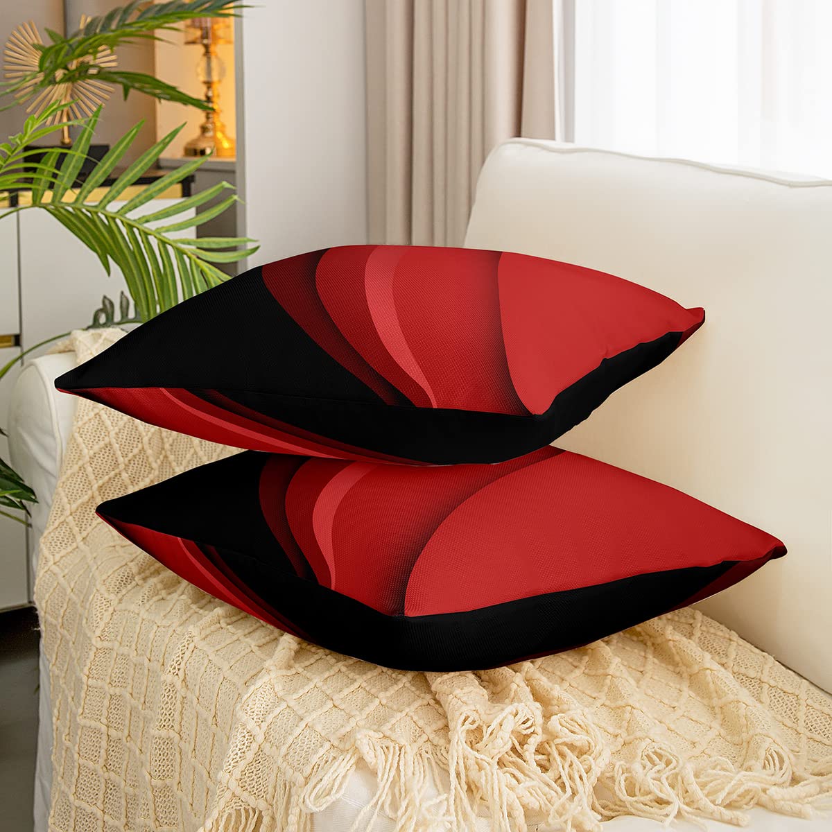 Loussiesd Set of 2 Throw Pillow Covers Geometric Strip Lines Cushion Case for Home Living Room Decor Reversible Modern Abstract Art Red Black Decorative Throw Cushion Case 24x24 Inch - Image 3