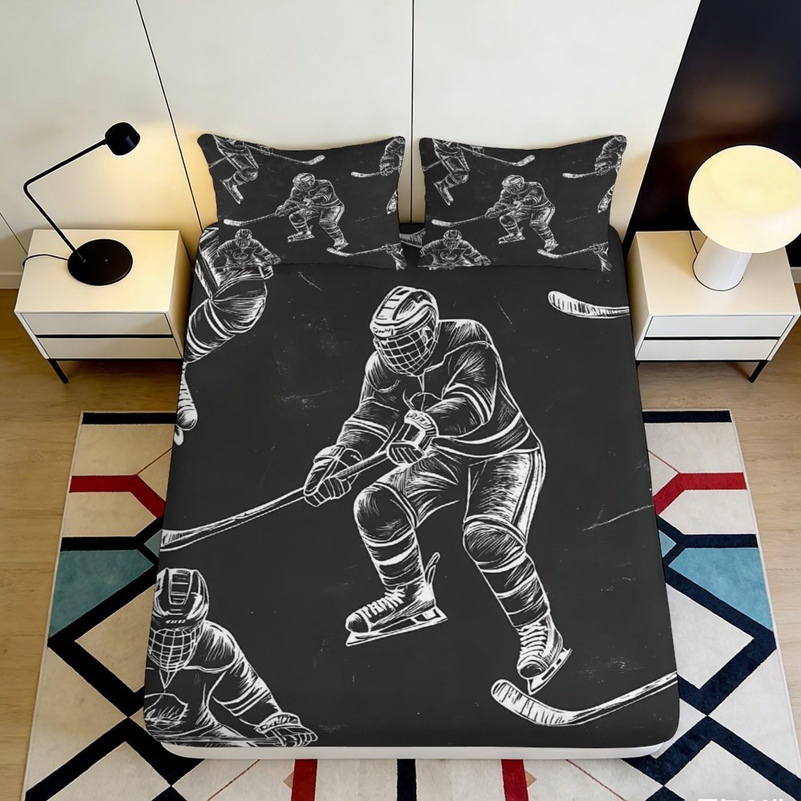 Pnayamiorkfel Style-8 3D Printed Ice Hockey Player Fitted Sheet Microfiber Black White Bed Cover For Bedroom Guest Room Mattress Protection 90X200x25cm