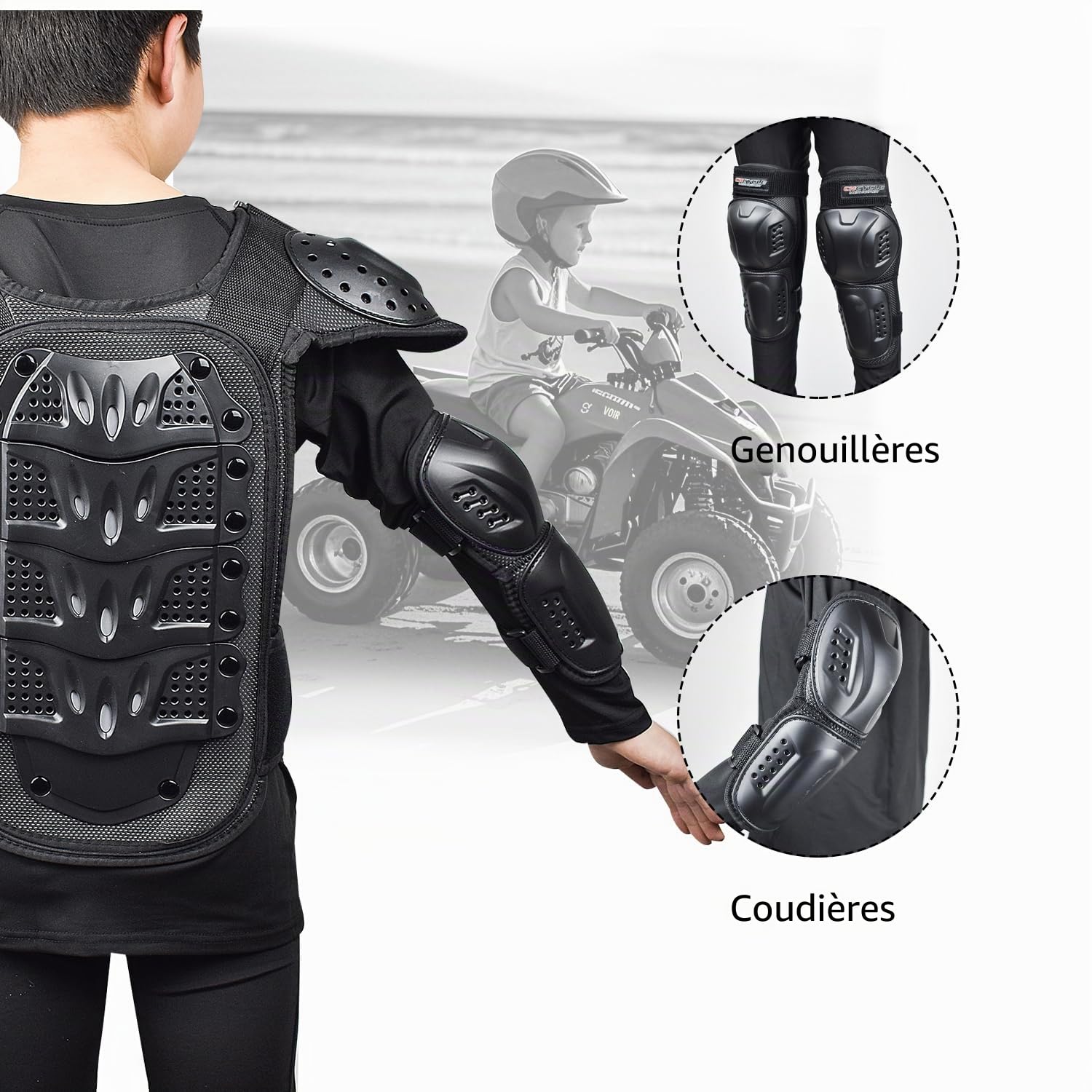 Armure de moto pour enfants - Équipement de moto tout-terrain avec coudières, genoux, protège-tibias, protection de la colonne vertébrale, équipement de motocross pour sports de plein air