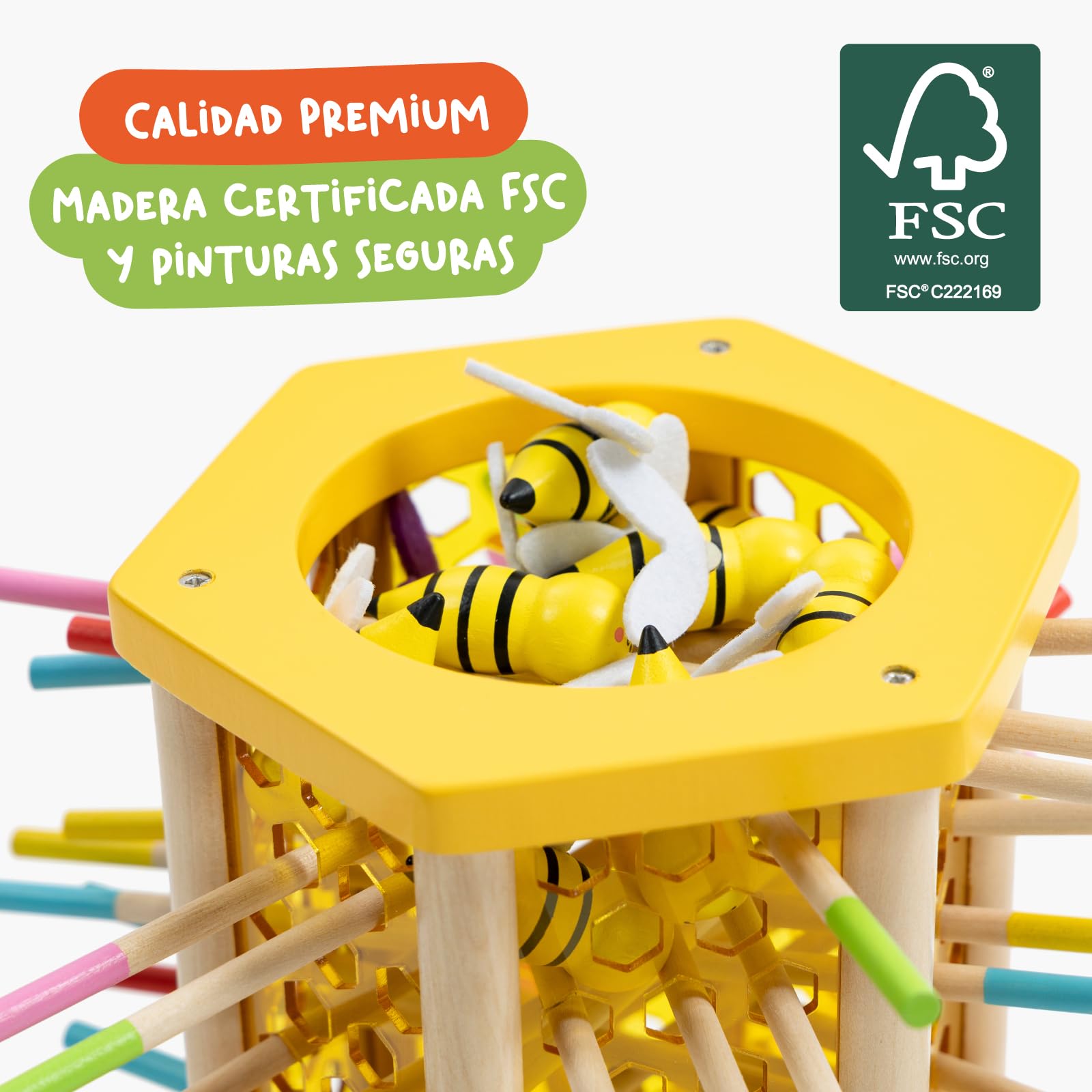 Nene Toys BEEFALL, Juego Montessori 4-en-1 para Niños 3-9 Años - Juguete Educativo de Madera con Colmena, 12 Abejas, Palitos de Colores, Dados y Cartas - Juego Familiar para el Desarrollo Cognitivo