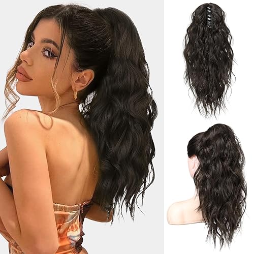 FLUFYMOOZ Extensión de cola de caballo, extensión de cola de caballo con clip de garra de 18 pulgadas, extensiones de cabello ondulado y rizado con