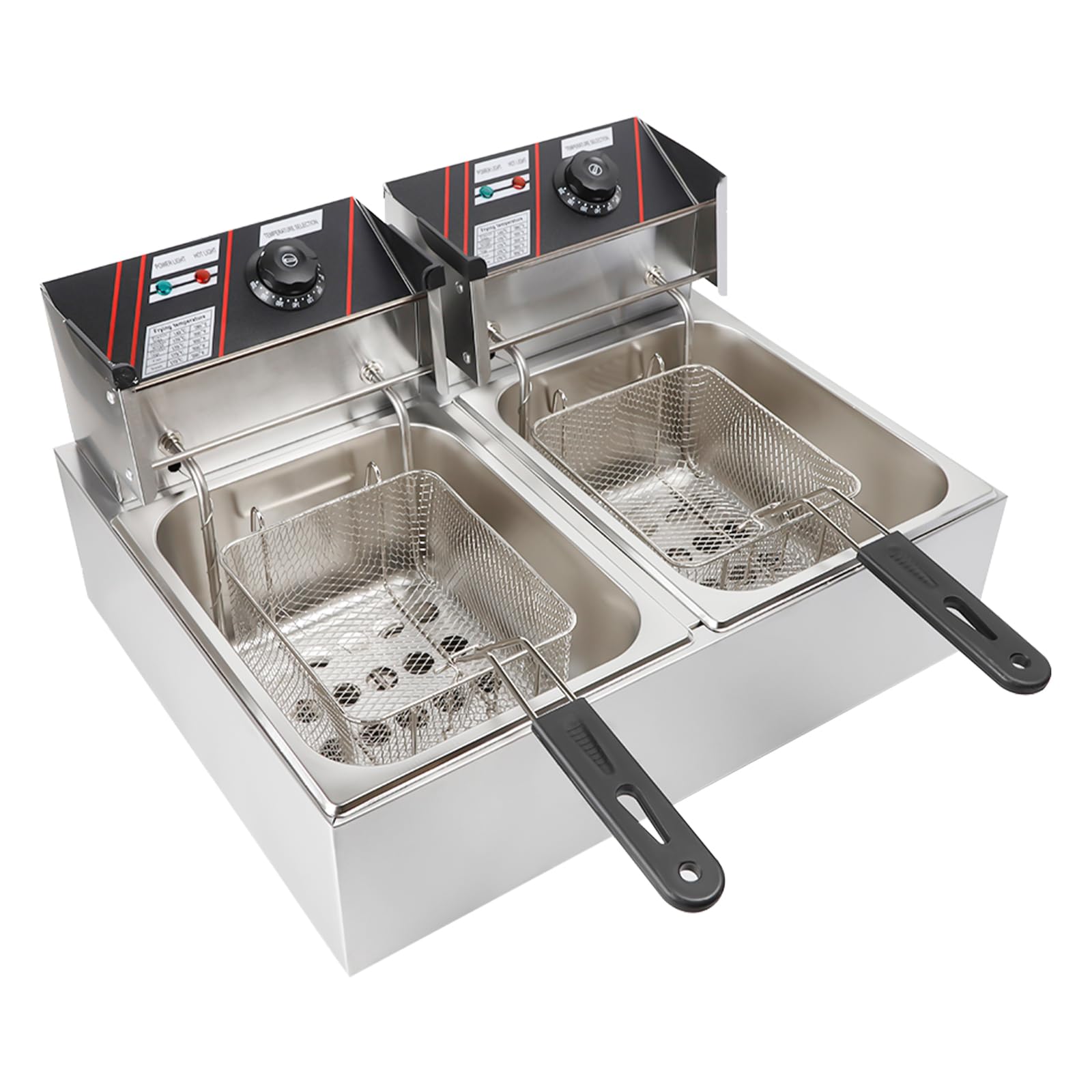 Freidora de doble tanque de acero inoxidable, 2500 W, freidora eléctrica profesional, de acero inoxidable, recipiente extraíble, termostato 60-200 °C, control independiente, 55 x 44 x 30 cm