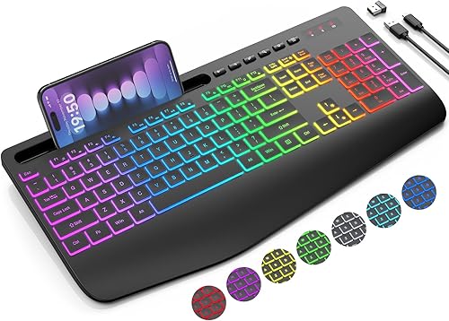 Miniatura 15 de Combo de teclado y mouse inalámbricos, 9 efectos retroiluminados, RGB, reposamuñecas ergonómico, soporte para teléfono, tamaño completo 2.4G