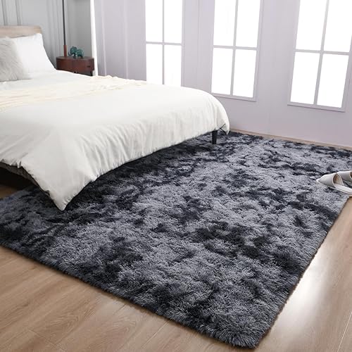 Miniatura 5 de TWINNIS Alfombras grandes de pelo largo de 4 x 6 pulgadas para sala de estar, dormitorio, teñido anudado gris oscuro, alfombras de felpa súper