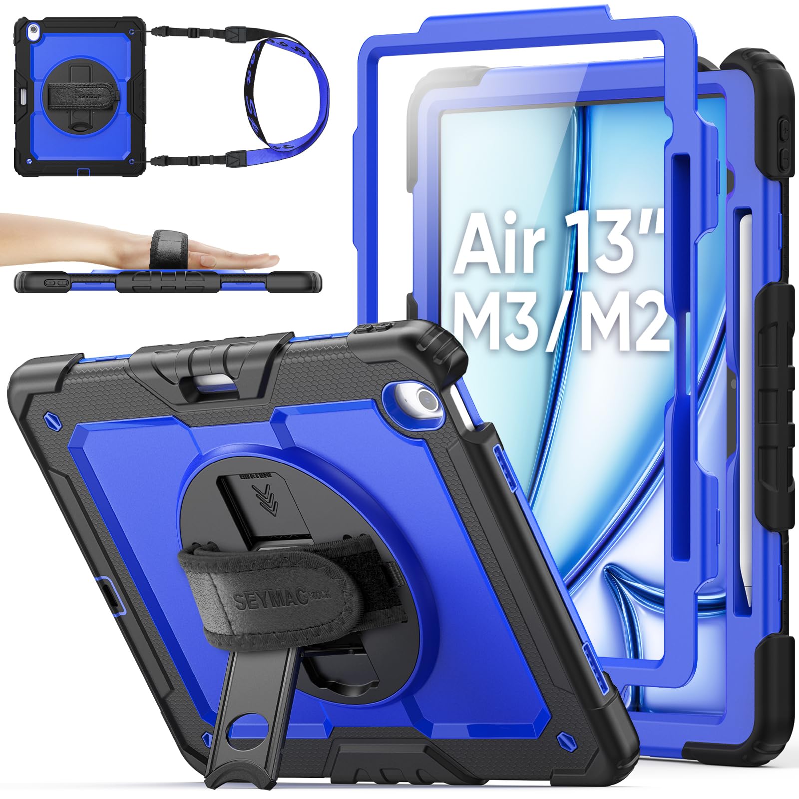 SEYMAC stock Case for iPad Air 13 Inch (M2) 2024 / Air 6th Generation, Shockproof Case with Screen Protector/Pen Holder/360 Swivel Hand Strap/Standard/Shoulder Strap, Blue