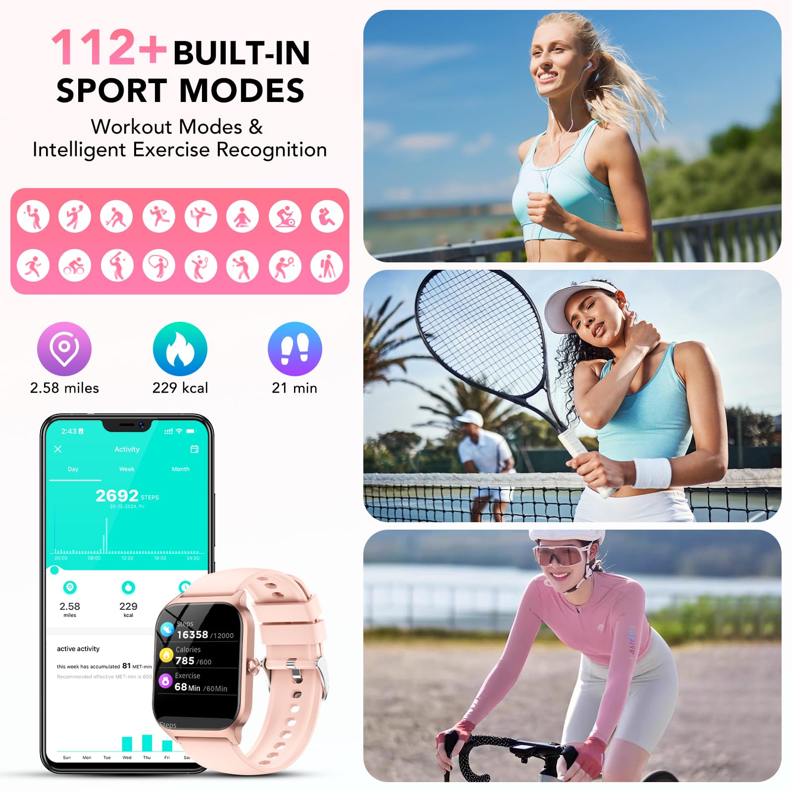 CASCHO Smartwatch Uomo Donna, 1.85'' Orologio Smartwatch con Effettua/Risposta Chiamate, 115+ Sportive Smart Watch con Contapassi/Sonno/Cardiofrequenzimetro, IP68 Fitness Tracker per iOS Android