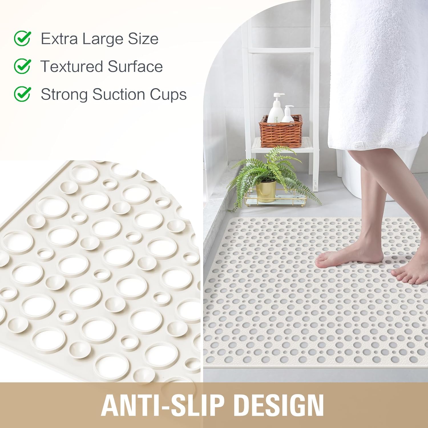 OTHWAY Large Shower Mat, 47"x 32" TPE Anti Slip Shower Mat, Heavy Bath Mats for Shower with Drain Holes Suction Cups, Shower Stall Mat for Bathroom, No Odor Shower Grip Mat for Elderly Kids(W-White)