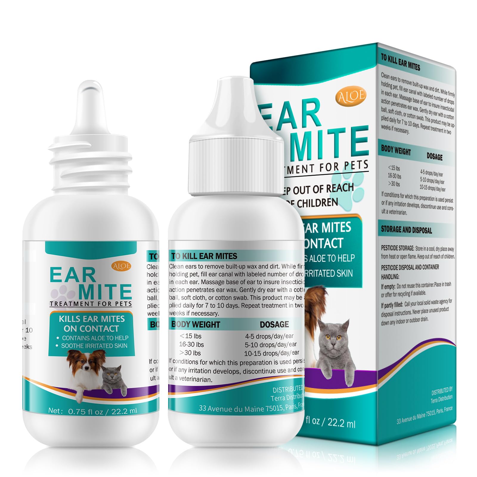 Ear Mites Clean for Dogs & Cats - Cat Ear Mite Treatment with Aloe Vera, Cleaner on Contact & Soothes Itching, Vet-Recommended Formula for Pets Ear Cleaning, Fast-Acting 0.75oz Bottle