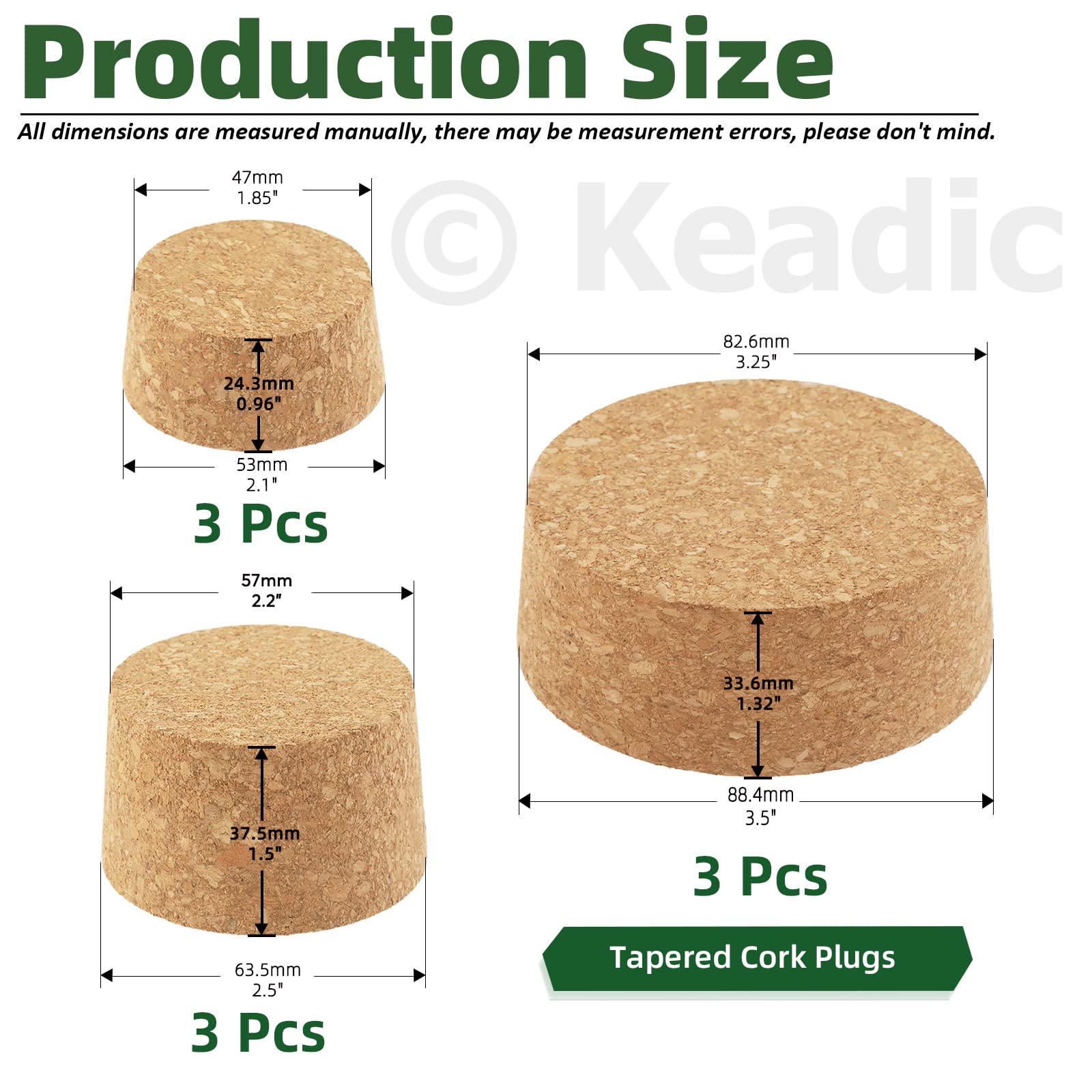 Keadic 9 Pcs 3 Sizes Wooden Tapered Cork Plug Assortment Set #48#34#28 Natural Soft Wood Wine Bottle Stoppers Replacement for for Wine And Beer