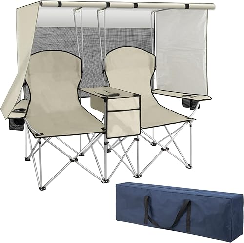 BESTHLS Silla de campamento de doble toldo con sombra, sillas plegables de dos plazas con soporte para tazas, bolsa refrigeradora, bolsa