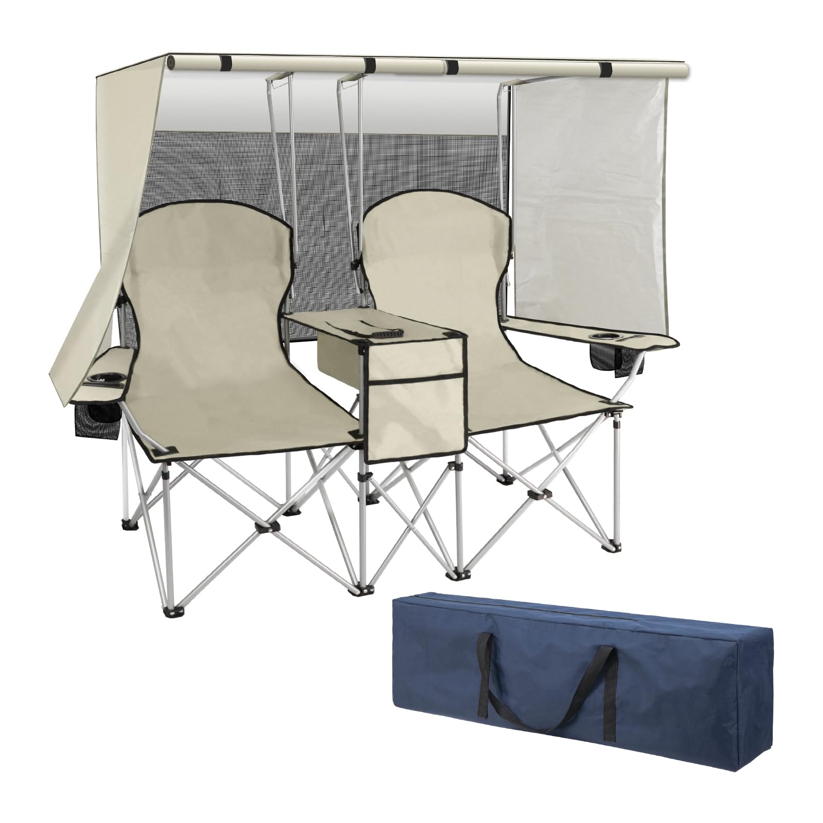 BESTHLS Double Canopy Camping Chair with Shade Folding Loveseat Chairs with Cup Holder Cooler Bag Organize Pouch for Camp Beach Sports Lawn Patio