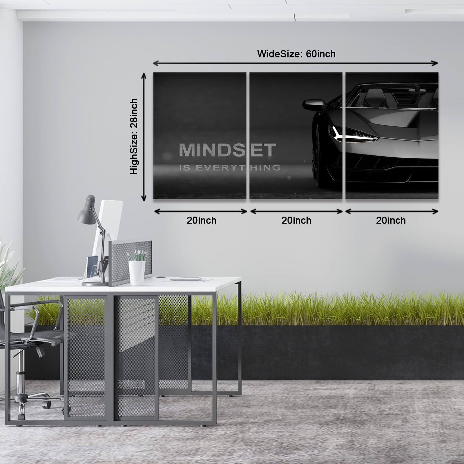 KAWAHONE Motywacyjne płótno sztuka ścienna Lamborghini plakaty wydruki przedsiębiorca - Mindset is Everything-Office Decor zestaw łatwy do powieszenia - 50 cm szer. x 61 cm wys. x 3 szt