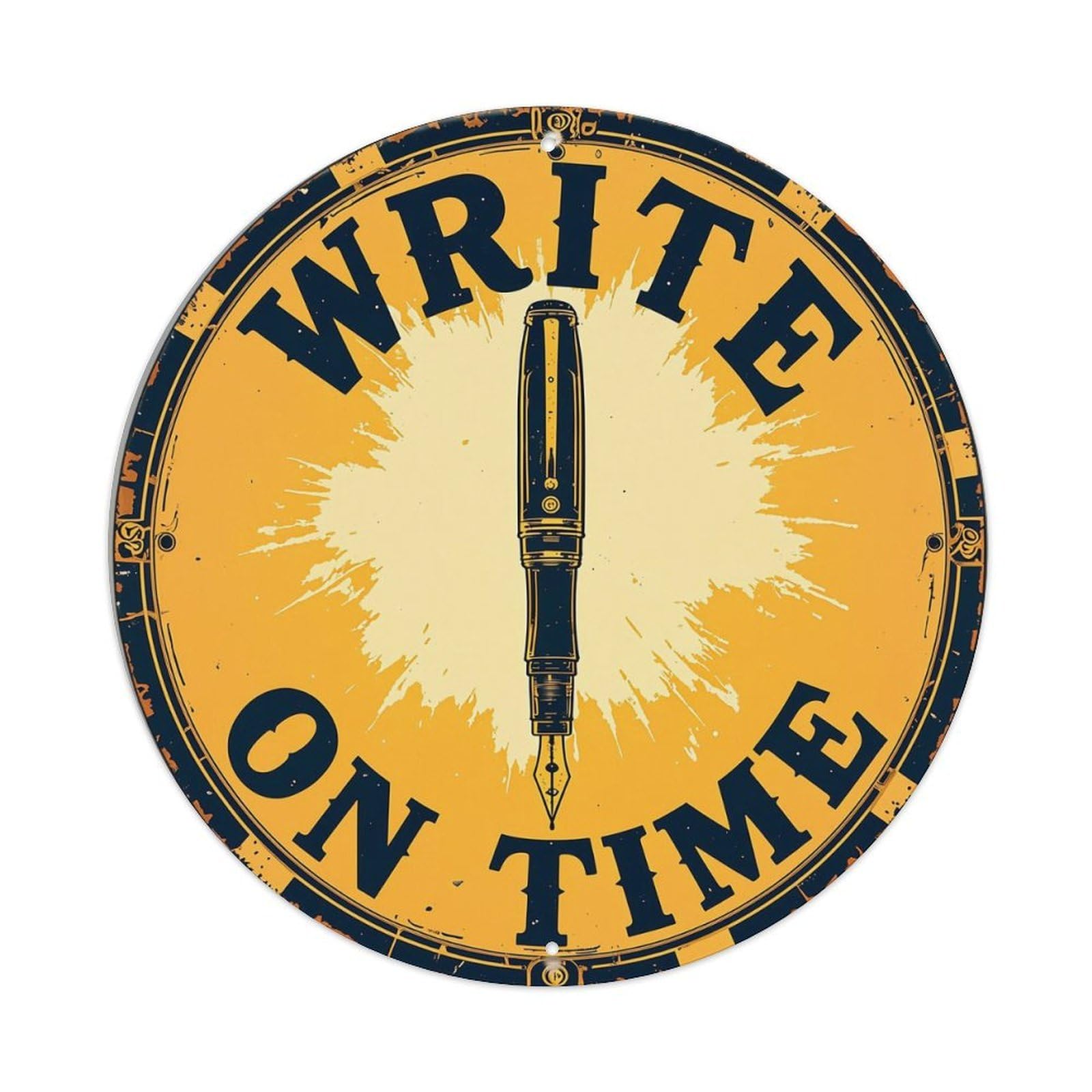 Write On Time Clock Design Retro Metal Sign Round Tin Sign, Vintage Decor Art Poster for Bar, Home, Man Cave, Kitchen, Laundry Room Gift 8x8Inch