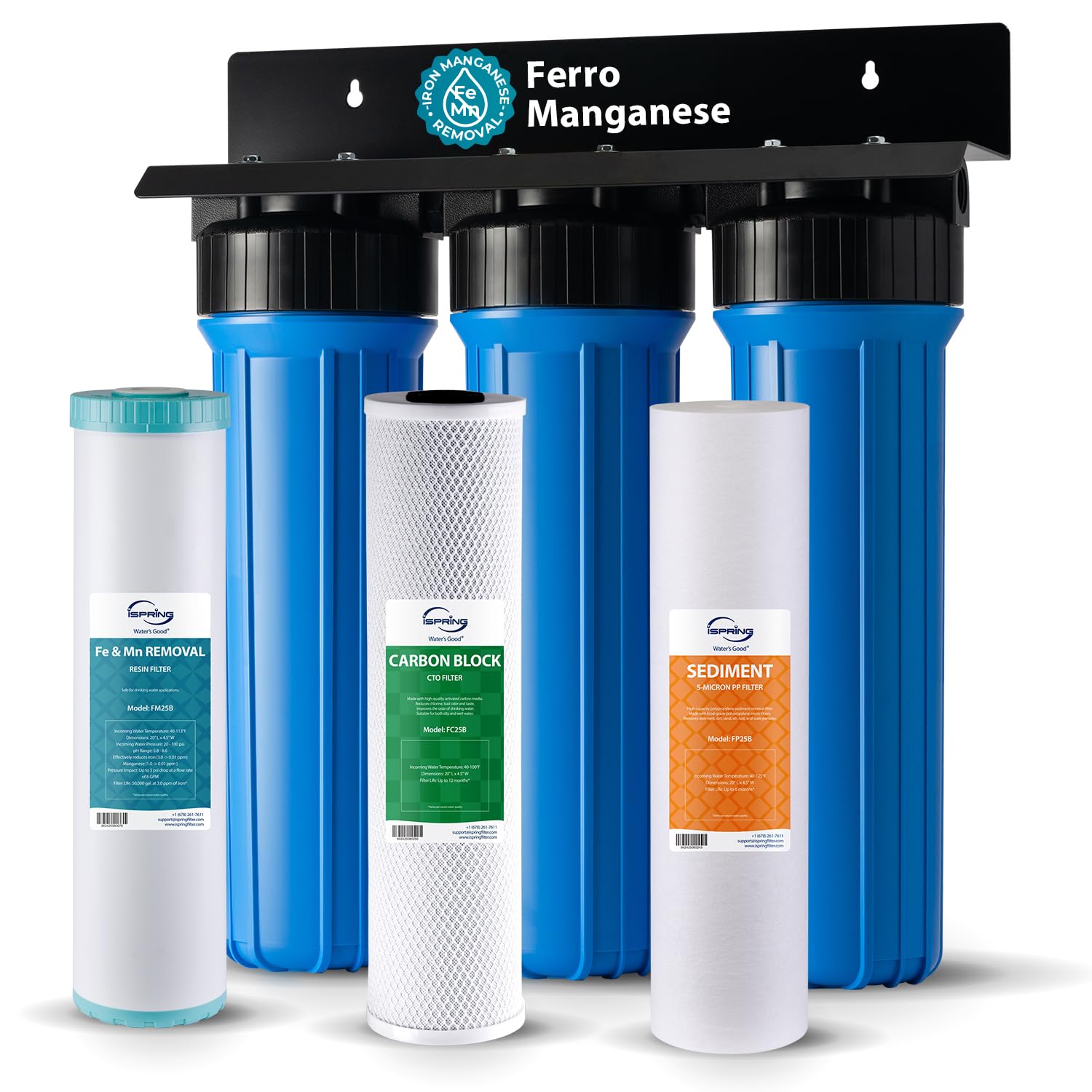 iSpring WGB32BM Sistema di Filtraggio dell'Acqua per Tutta la Casa con Riduzione dei Sedimenti, del Carbonio e del Ferro e del Manganese, Filtro in Ferro a 3 Stadi