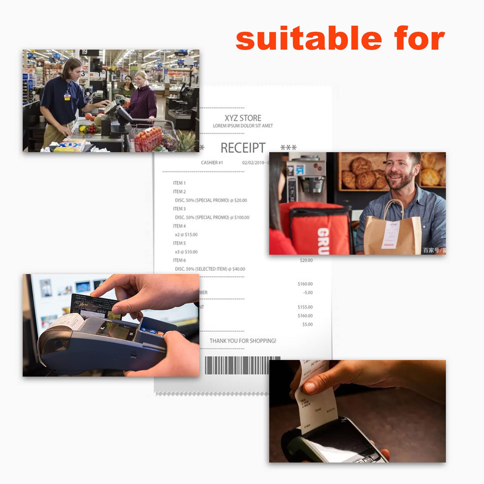 Immuson Rollos de recibos de papel térmico de 2.25 pulgadas x 85 pies, POS/caja registradora, se adapta a todos los terminales de tarjetas de crédito (50 rollos)