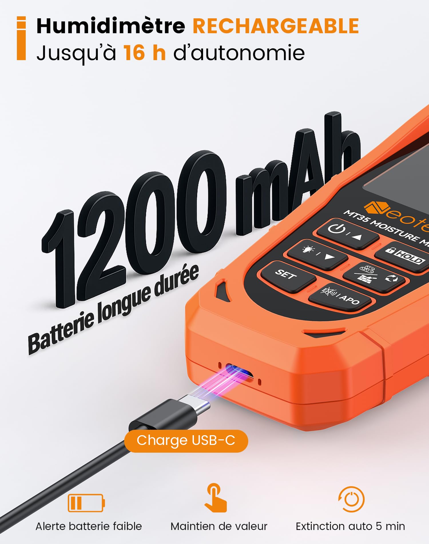 Neoteck Humidimètre 2-en-1 Sans-Pointe & à Sonde – Détecteur d’Humidité Mur & Bois, Écran LCD Couleur, Alerte Sonore/Visuelle, Mesure Placo, Béton, Plâtre, Screed pour Diagnostic Maison