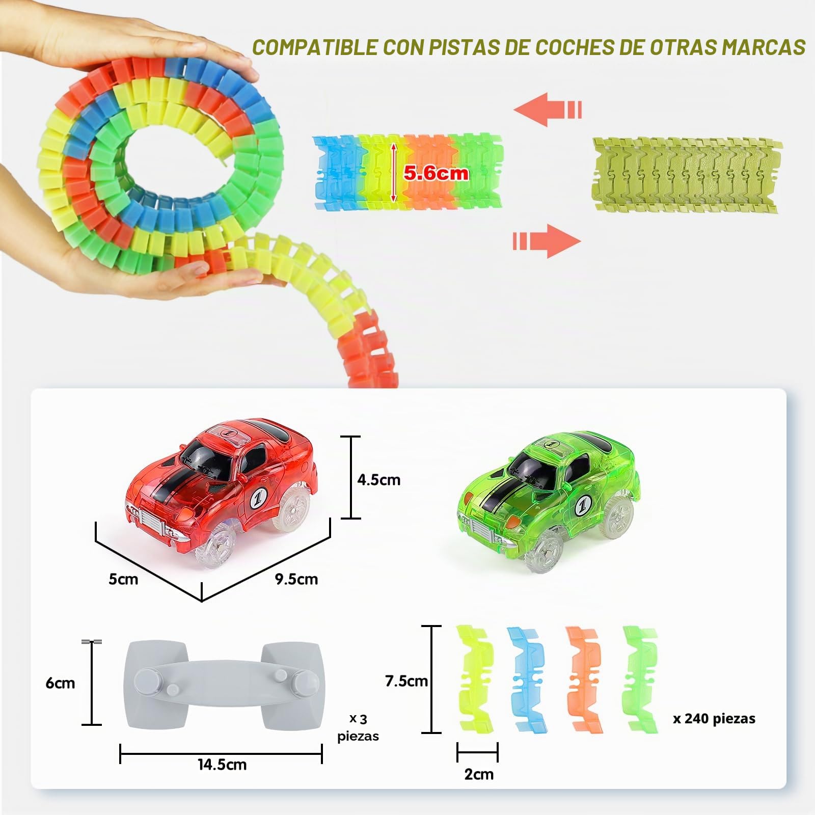 Juguetes Niños 3 Años, Pista de Coches para Niños Circuito Coches Juguetes Niño 3 4 Años- 240 Piezas Montessori Track Pista Flexible & 2 LED Cars Juguetes Educativo Regalo Niño Niña 3 4 5 Años