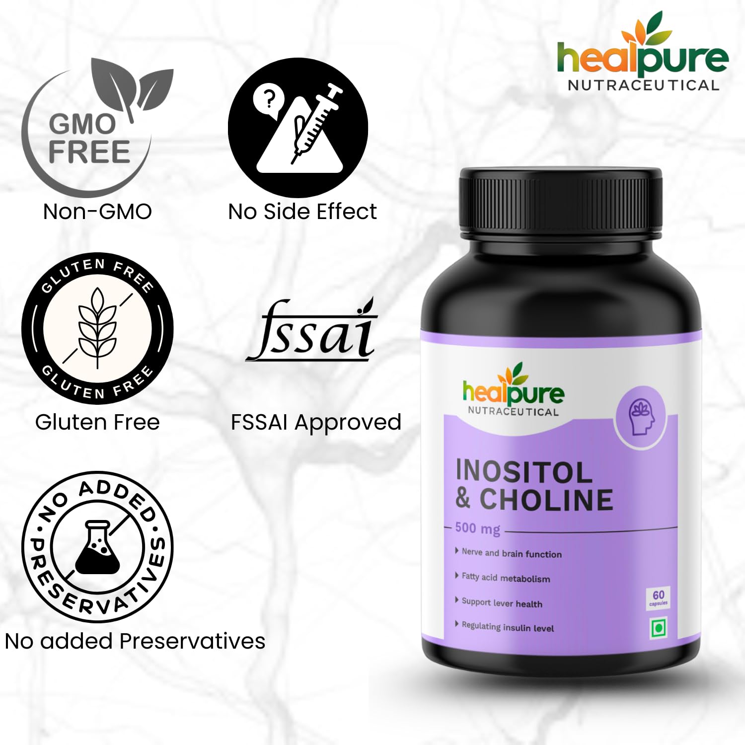 HEALPURE NUTRACEUTICAL Inositol and Choline 500 mg PCOS Support Supplement for Women | Myo-Inositol + D-Chiro Inositol 40:1 | 60 Plant-Based Veg capsule | Support Regular Menstruation 4