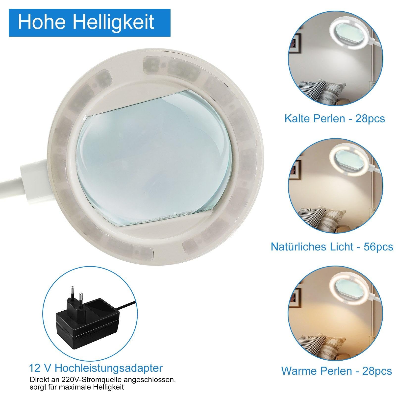 8 x lupa ze światłem i stojakiem, 56 diod LED, możliwość ściemniania, lampa stojąca z 3 trybami kolorystycznymi, 2 w 1, duża lupa, lampa podłogowa do szycia, malowania, rzemiosła artystycznego