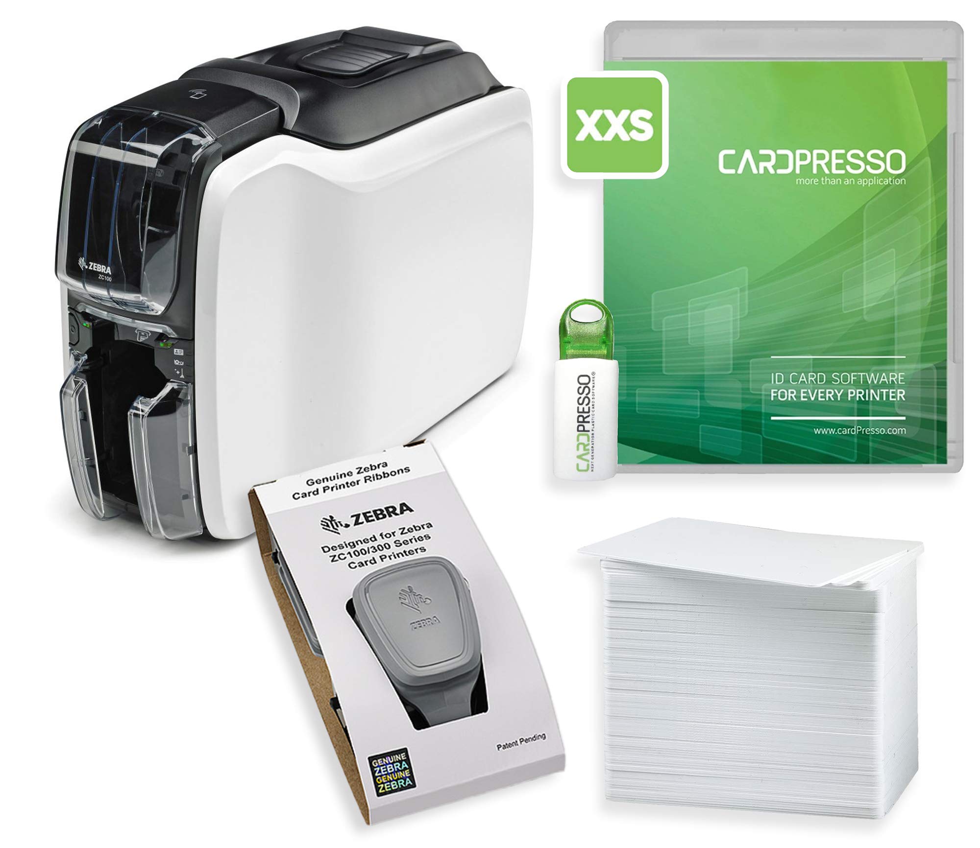 Zebra ZC100 Kartendrucker Paket mit 100 Plastikkarten weiß und Cardpresso XXS Software