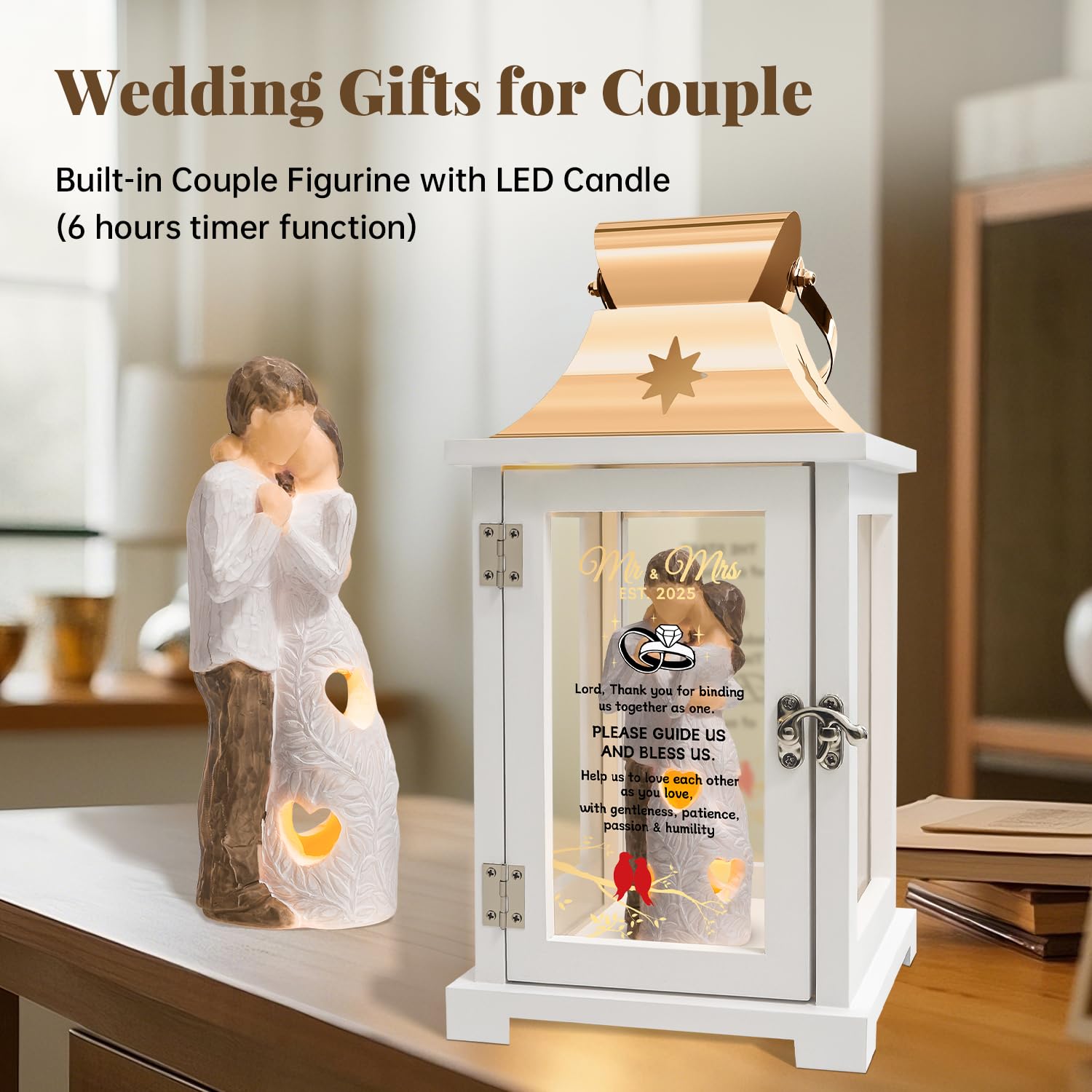 Mr & Mrs Est. 2025 Wedding Lantern – LED Candle Figurine Gift For Newlyweds, Bridal Shower, Anniversary (Rose Gold & White) - View #2
