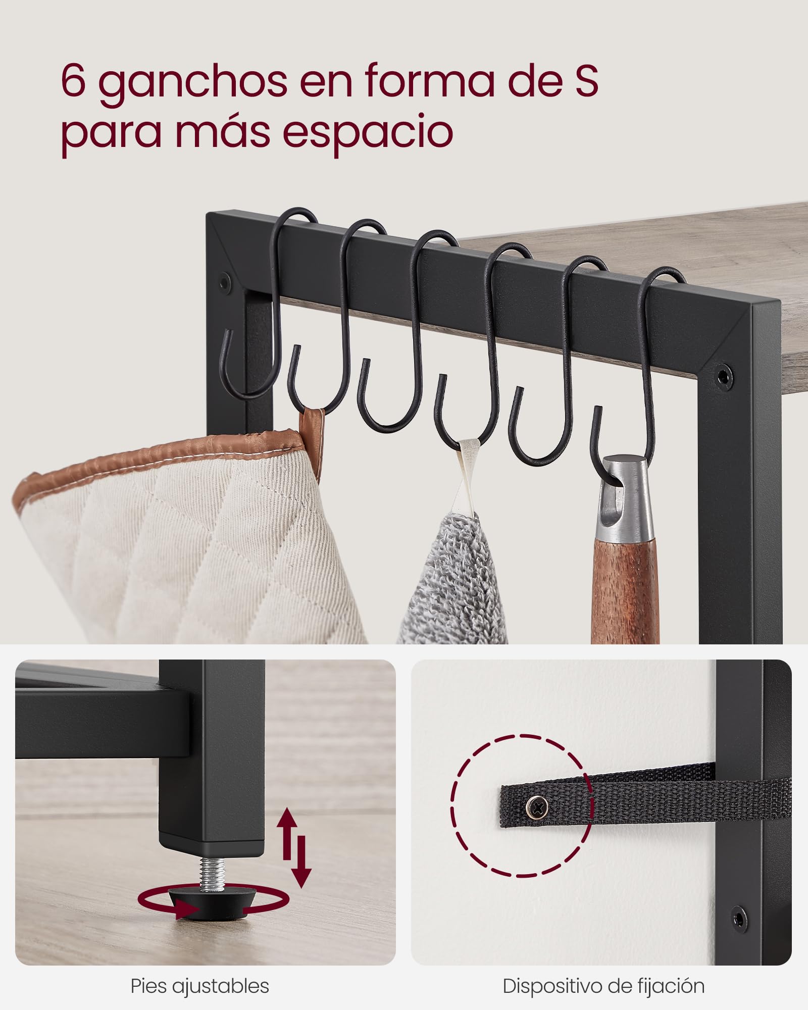 VASAGLE Estantería de Cocina con Enchufes, 2 Cestas de Malla, Estantería para Microondas, con Estantes y Ganchos, 35 x 80 x 93,5 cm, Estilo Industrial, Greige Mélange y Negro Tinta KKS196K02