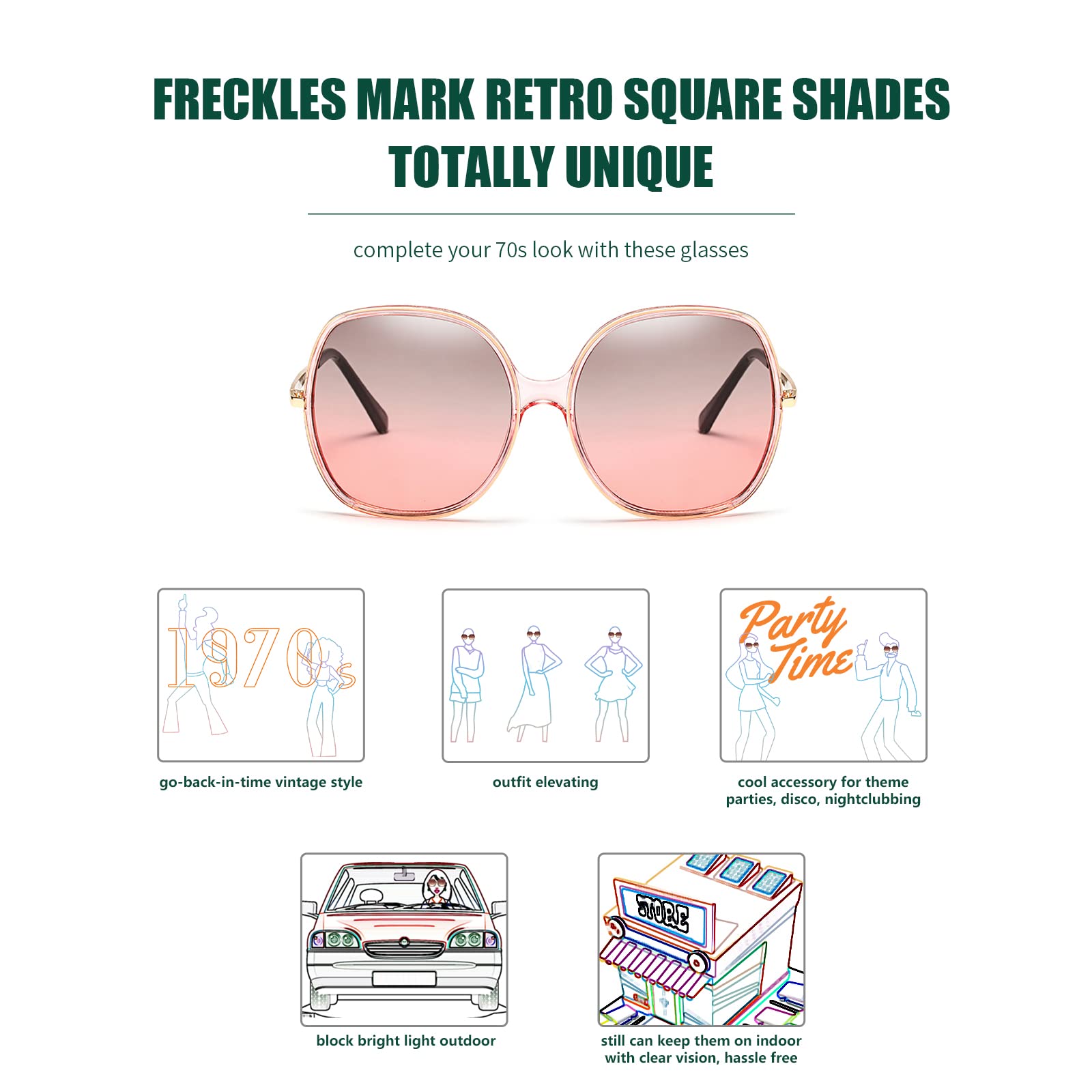Freckles Mark Damen 70er super-Oversize-Platz Sonnenbrillen für Vintage-rechteckige kunststoffrahmen übergröße rosa-grün