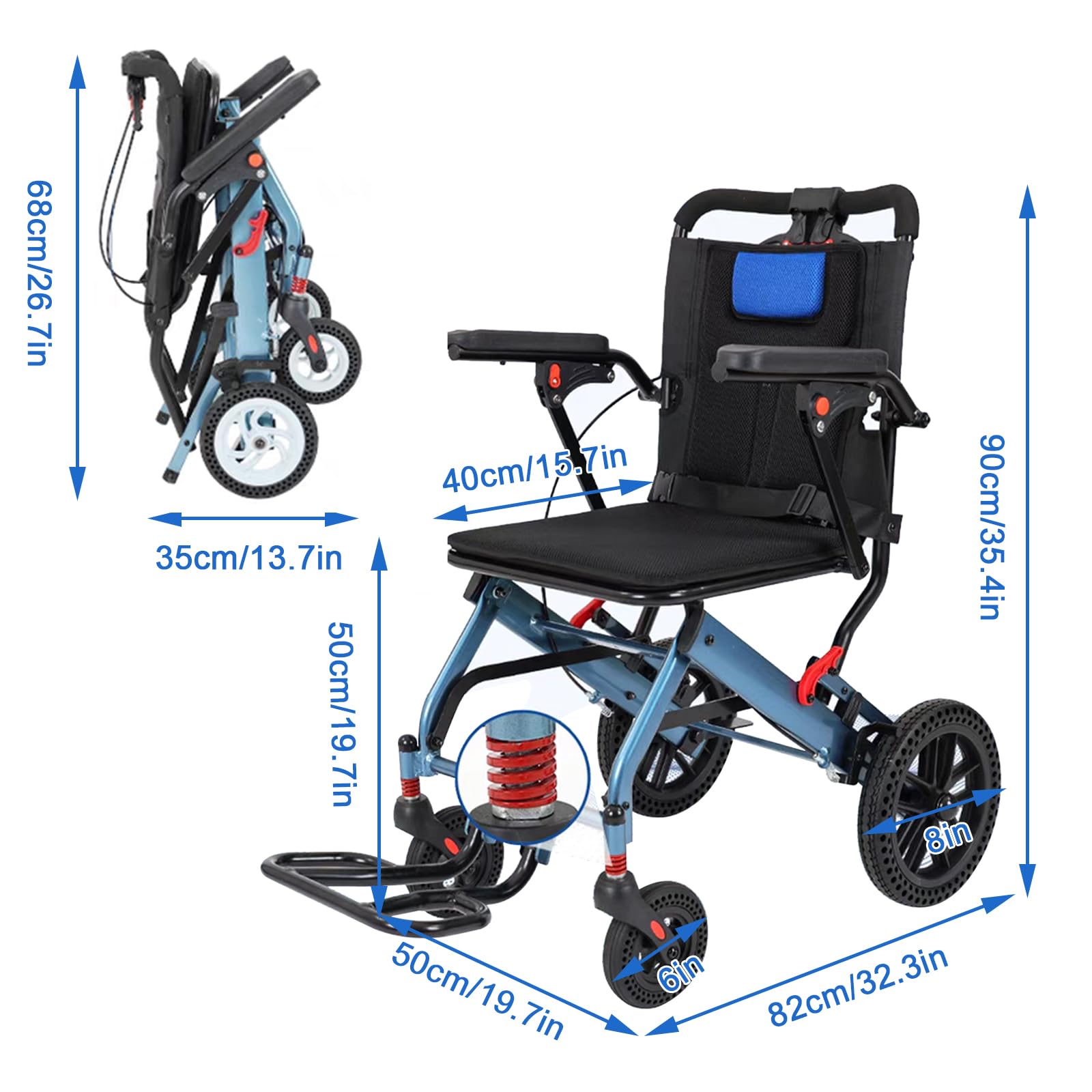 Silla de Ruedas plegable Ultra-ligera de aluminio con freno,Silla de ruedas de aluminio para viajes,Sillas de Ruedas Adulto para Exterior,Silla de ruedas plegable para traslado(Rear wheel 8in)