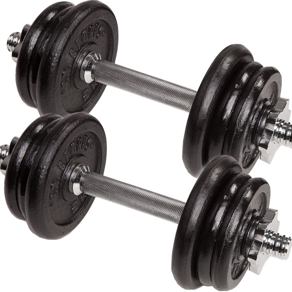 C.P. Sports zestaw krótkich hantli z żeliwa i tworzywa sztucznego 10 kg, 15 kg, 20 kg, 30 kg, zestaw krótkich hantli, hantle, zestaw krótkich hantli z sztangą włącznie z talerzami do hantli (2 x 10 kg