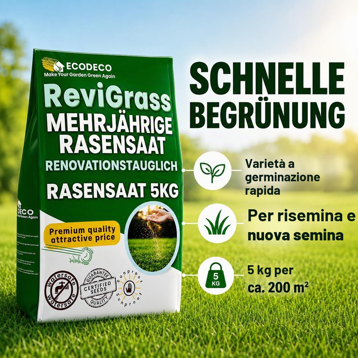 Semi Prato a Crescita Rapida 5kg per 200m² | Sementi Erba per Rigenerazione e Semina – Mix 100% Loietto Perenne e Festuca Resistente per Tappeto Erboso Folto e Durevole