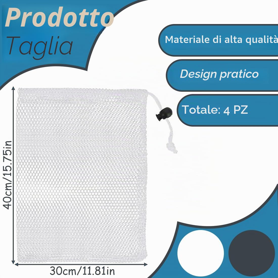 4 Pezzi sacchetti a rete in nylon, con coulisse, per palestra, viaggi, attività all'aperto, Sacchetti a Rete con Cordoncino, Borsa da Spiaggia in Rete, Borsa a Retes in Nylon (Nero/Bianco)