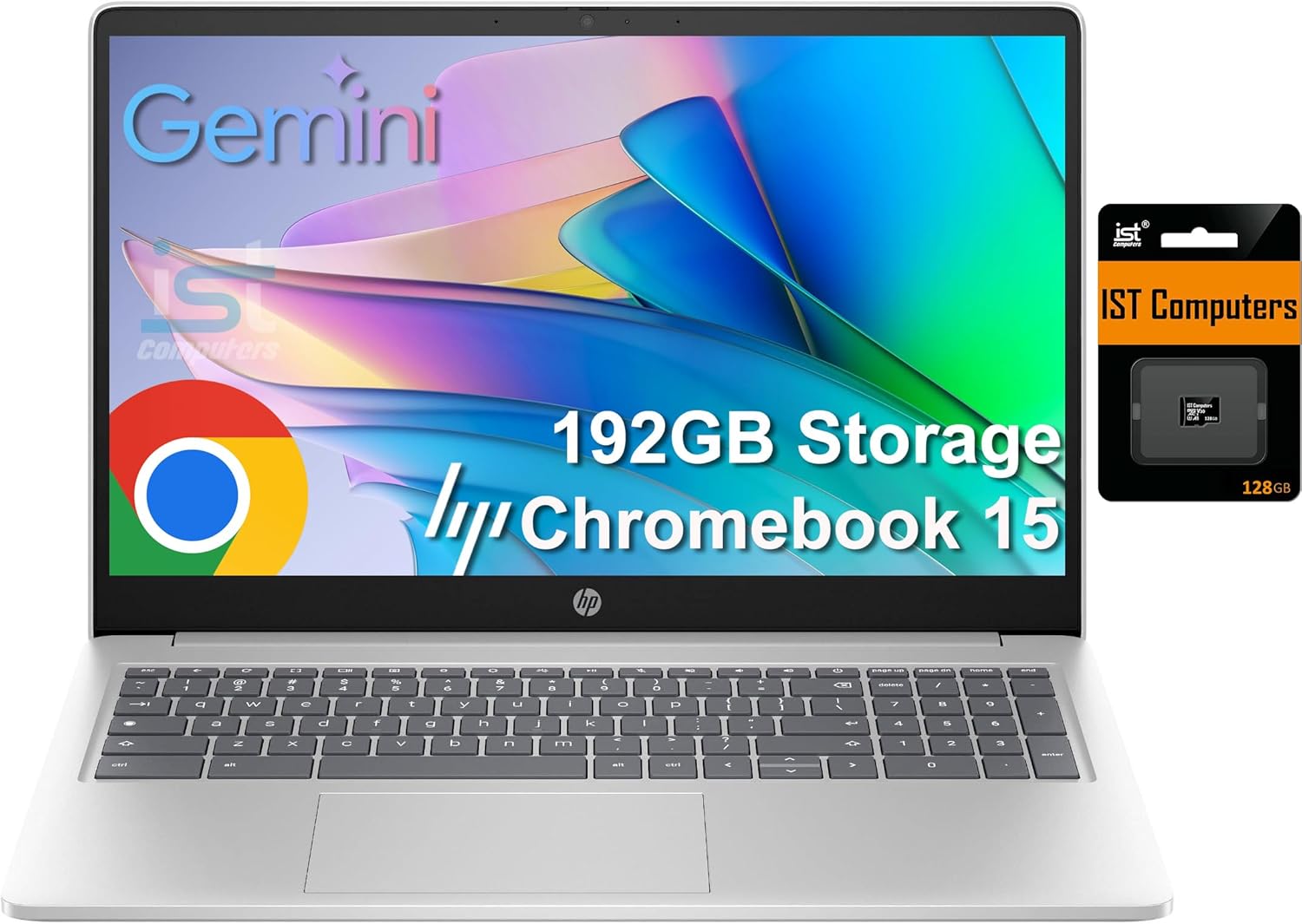 Laptop HP Chromebook 15 (15,6 "anti-riflesso, Intel N200, 8 GB di RAM DDR5, 192 GB di spazio di archiviazione (64 GB EMMC + 128 GB SD), 4-core (> i3-1115G4), KB numerico) Home e studente, Webcam con scatto, Wi-Fi, Chrome OS, argento