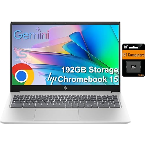 HP Chromebook 15 Laptop (15.6" Anti-Glare, Intel N200, 8GB DDR5 RAM, 192GB Storage (64GB eMMC + 128GB SD), 4-Core(> i3-1115G4), Numeric KB) Home & Student, Webcam w/Shutter, Wi-Fi, Chrome OS, Silver