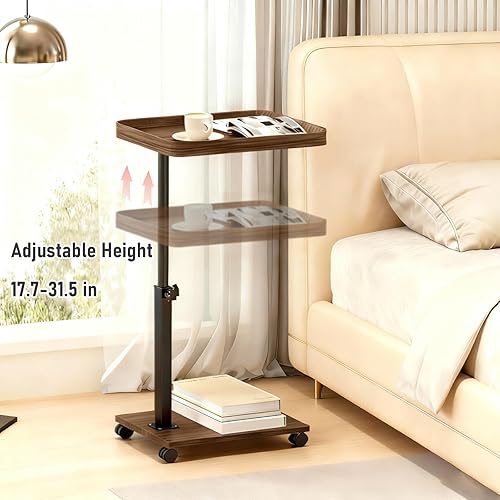 Miniatura 2 de Mesas modernas en forma de C de altura ajustable, mesas auxiliares giratorias de 360 con ruedas, mesa auxiliar pequeña para sofá sala de estar